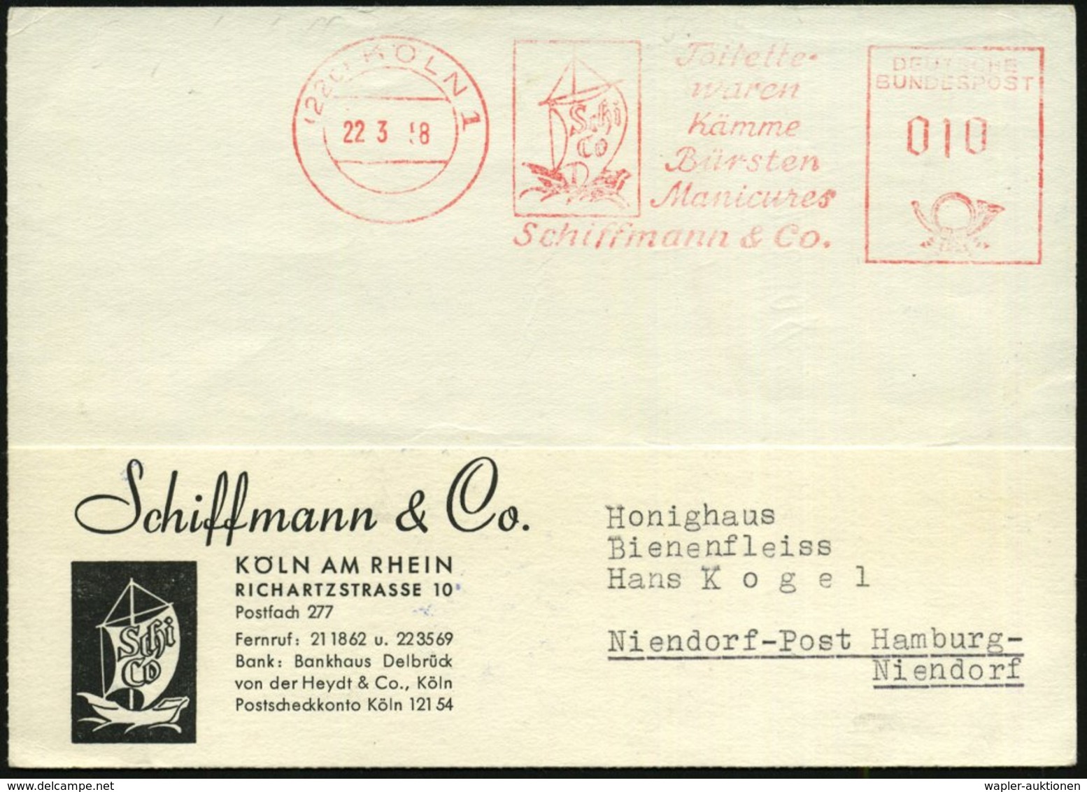 1958 (22.3.) (22 C) KÖLN 1, Absender-Freistempel: Toilettwaren, Kämme, Bürsten, Manicures, Schiffmann & Co. (Firmenlogo: - Other & Unclassified