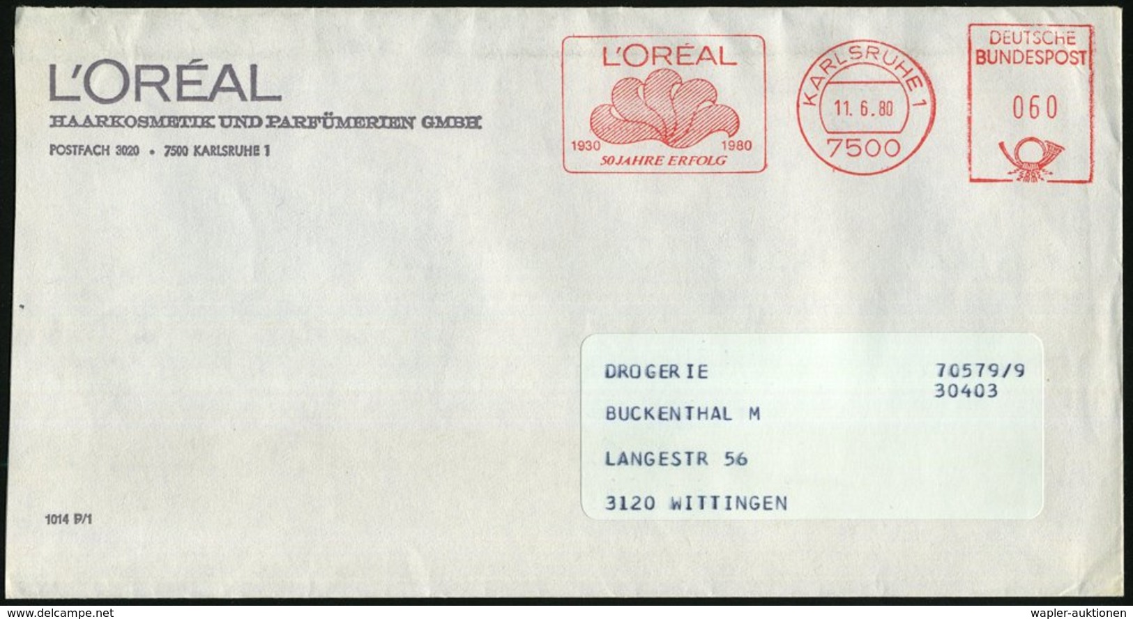 1980 (11.6.) 7500 KARLSRUHE 1, Jubil.-Absender-Freistempel: L'OREAL 1930 1980, 50 JAHRE ERFOLG (Haar-Logo) Firmenbrief:  - Otros & Sin Clasificación