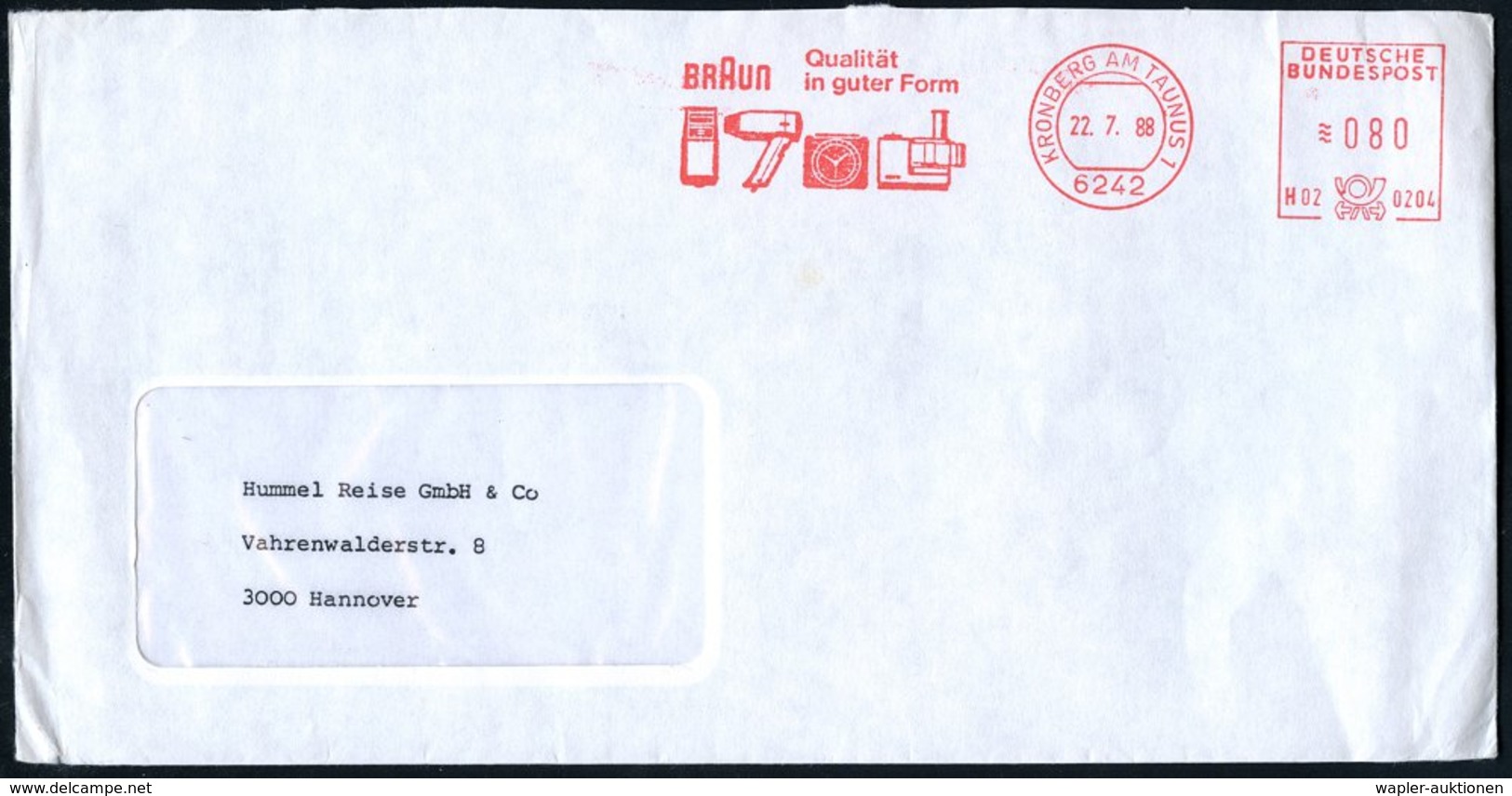 1988 (22.7.) 6242 KRONBERG AM TAUNUS 1, Absender-Freistempel: BRAUN, Qualität In Guter Form = Elektro-Fön, Uhr, Küchenmi - Other & Unclassified