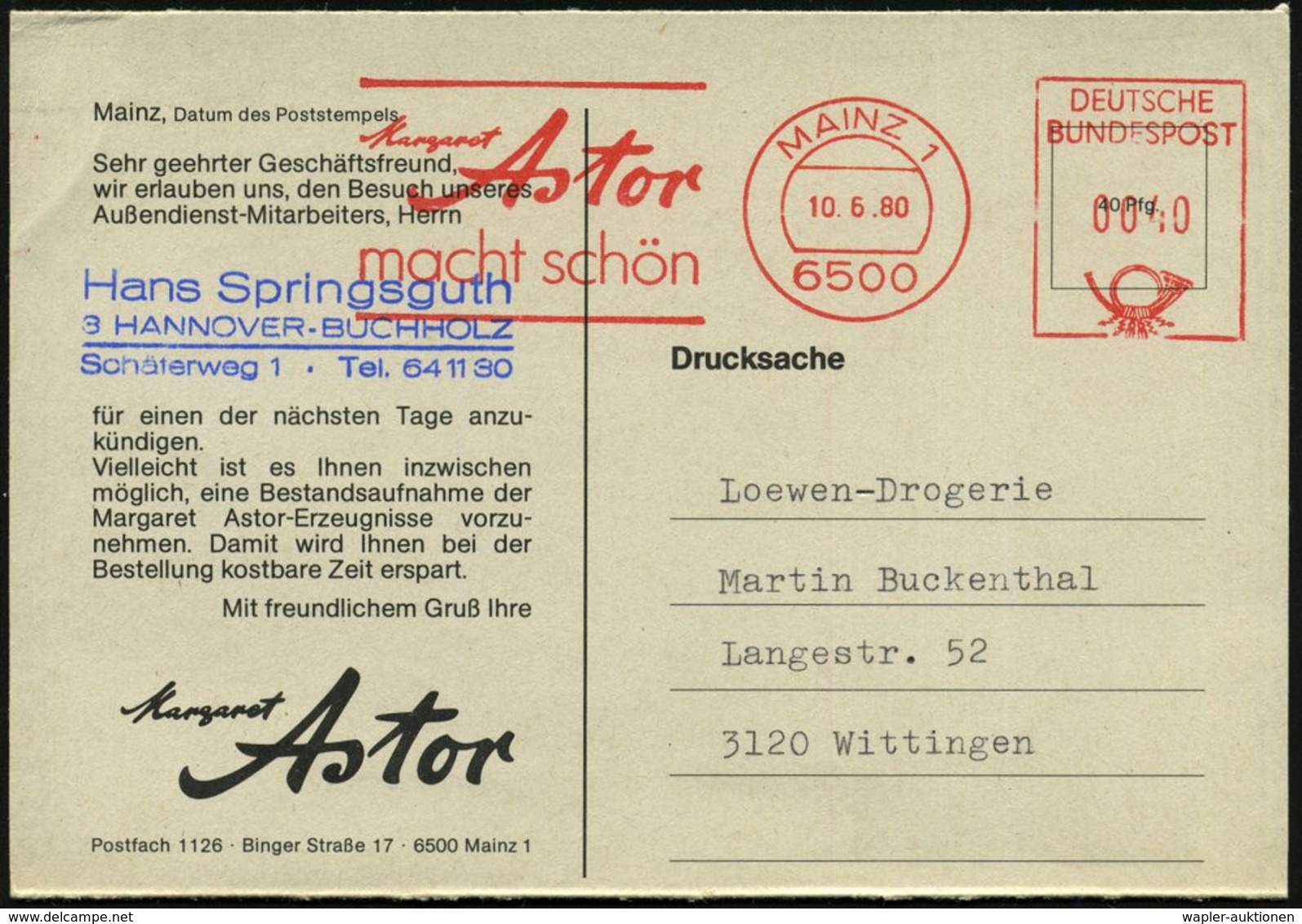 1980 (10.6.) 6500 MAINZ 1, Absender-Freistempel: Margret Astor Macht Schön (= Kosmetik-Firma) Firmen-Doppelklapp-Karte K - Other & Unclassified