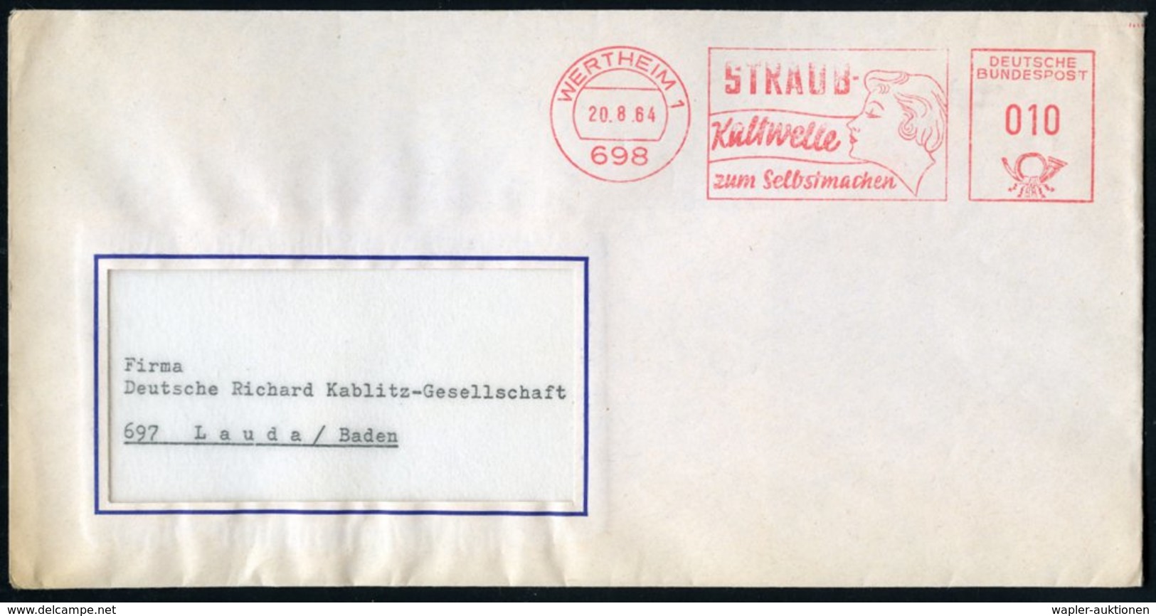 1964 (20.8.) 698 WERTHEIM 1, Absender-Freistempel: STRAUB-Kaltwelle Zum Selbstmachen (Frauenkopf Mit Frisur) Fernbrief - - Other & Unclassified