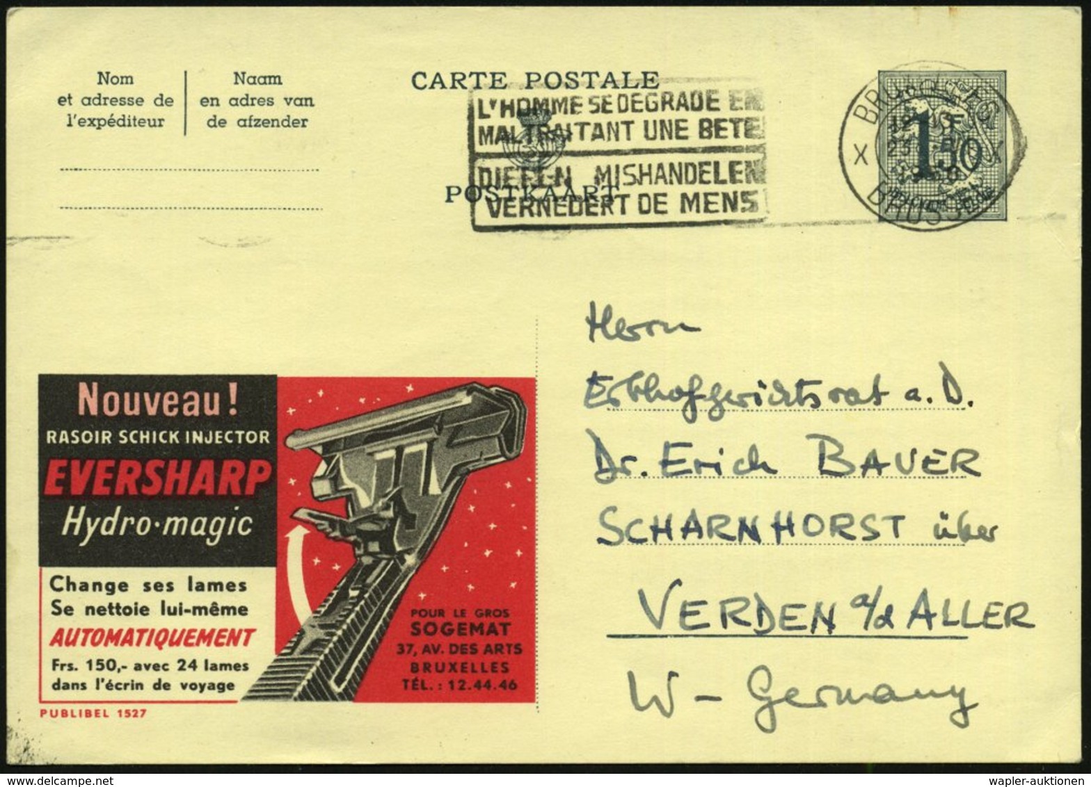 1958 BELGIEN, 1,50 F. Publibel-Ganzsache, Grau: EVERSHARP Hydro-magic (Rasierapparat) Bedarfskarte (Mi.P 301 I / 1527) - - Sonstige & Ohne Zuordnung