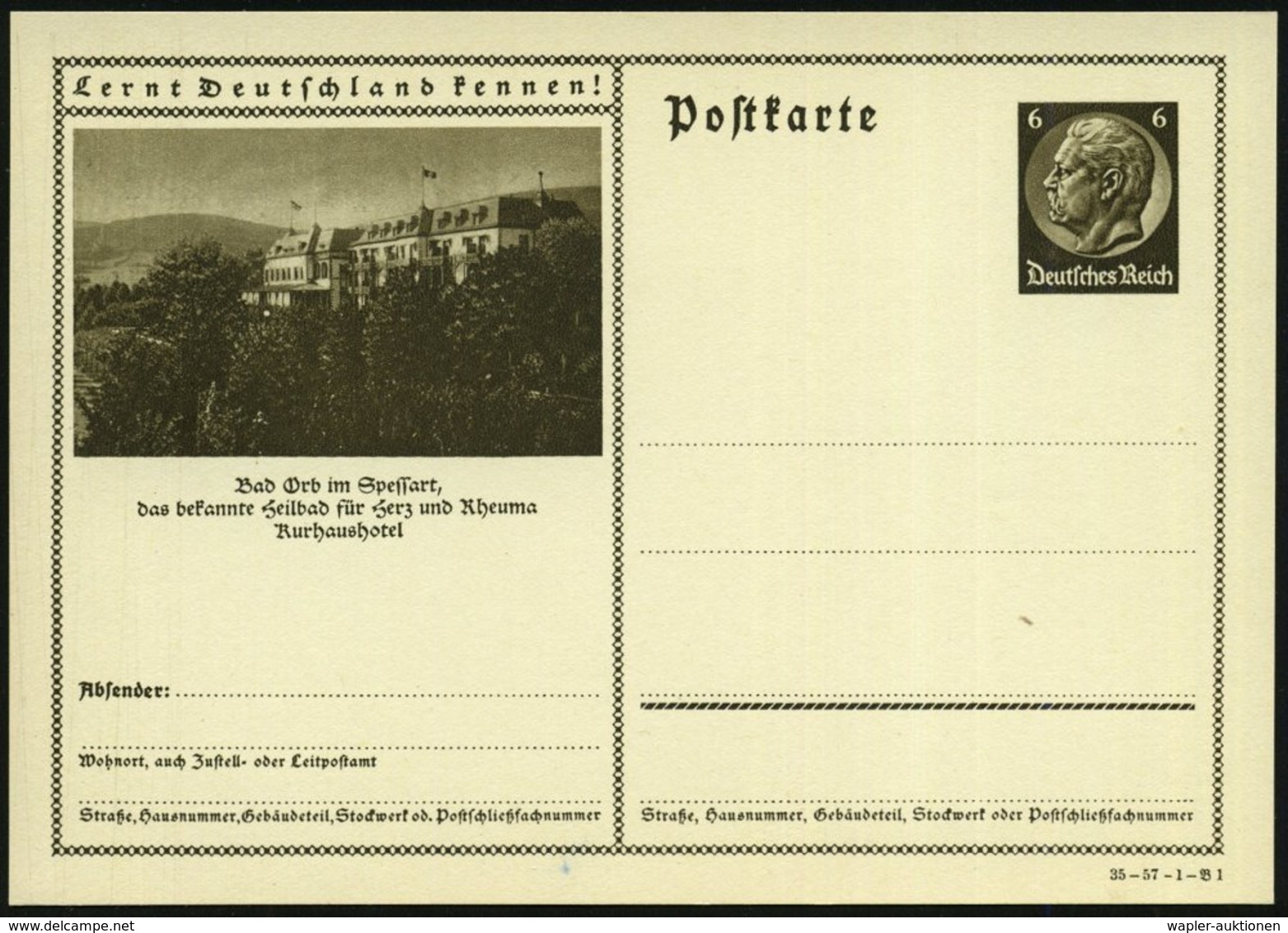 1935 Bad Orb Im Spessart, 6 Pf. Bild-Ganzsache Hindenbg., Braun: Heilbad Für Herz U. Rheuma.. (Kurhaushotel) Ungebr. (Mi - Other & Unclassified