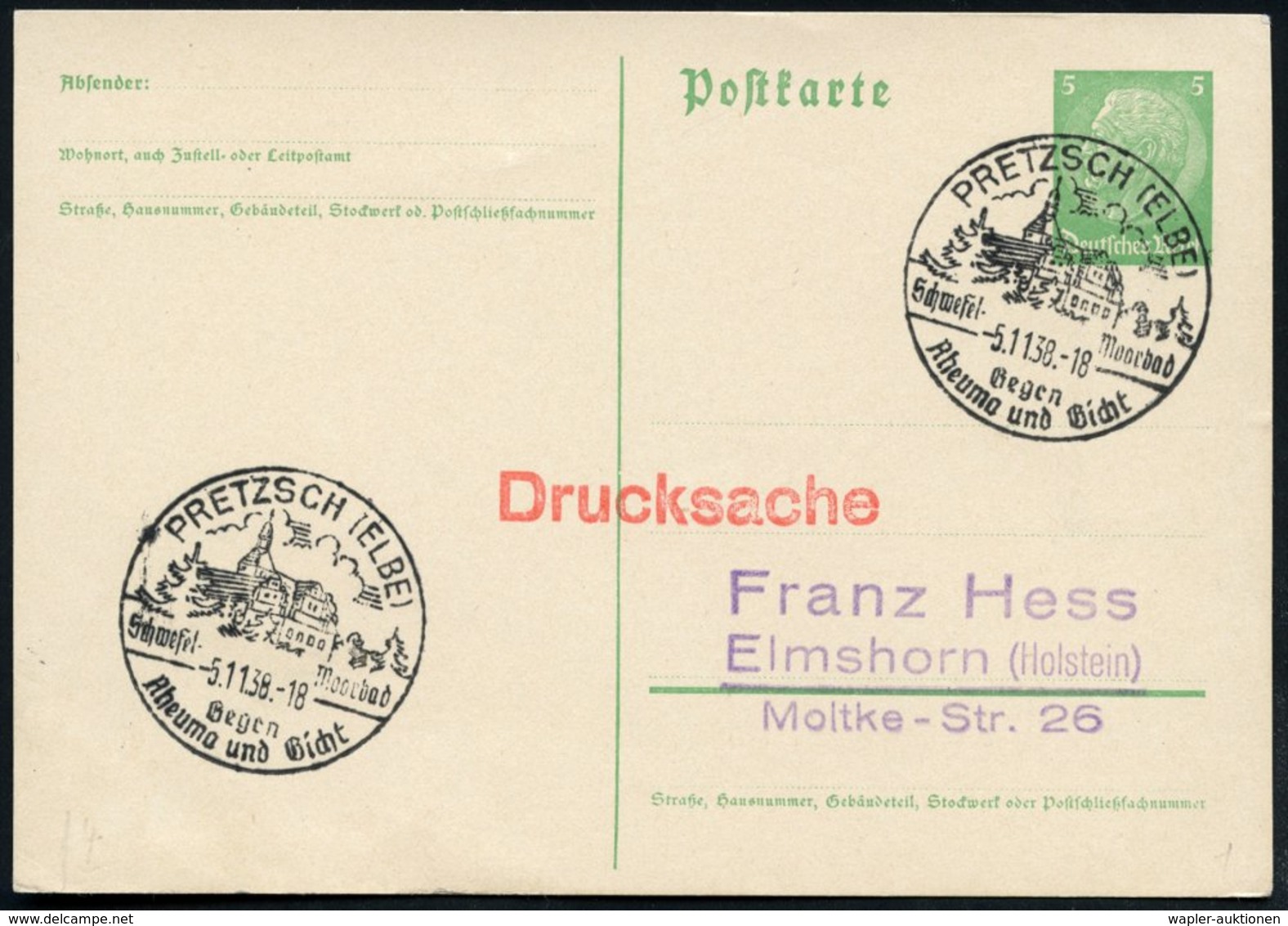 1938/48 PRETZSCH (ELBE), Handwerbestempel: Schwefel-Moorbad Gegen Rheuma U. Gicht (Schloß) Von 1938 Bzw. 1948 Je Auf Inl - Other & Unclassified