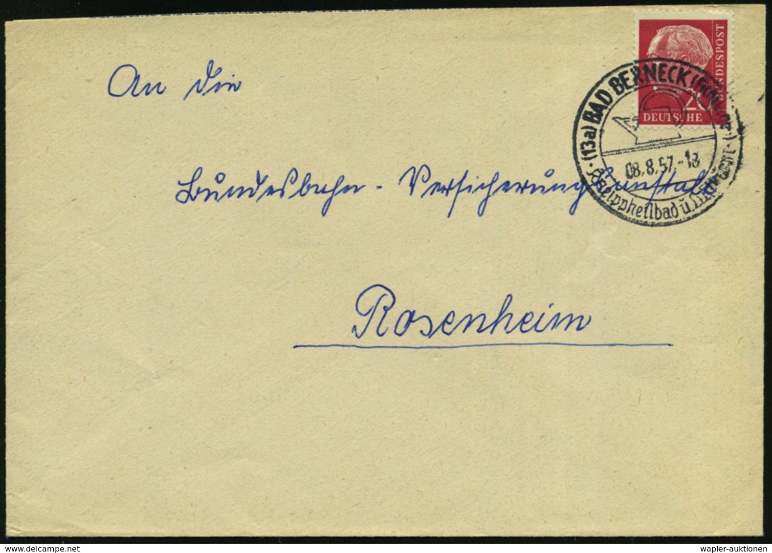 1957 (8.8.) (13 A) BAD BERNECK (Fichtelgeb.), Hand-Werbestempel: Kneippheilbad U. Luftkurort (Kneipp-Kanne) Bedarfsbrief - Other & Unclassified