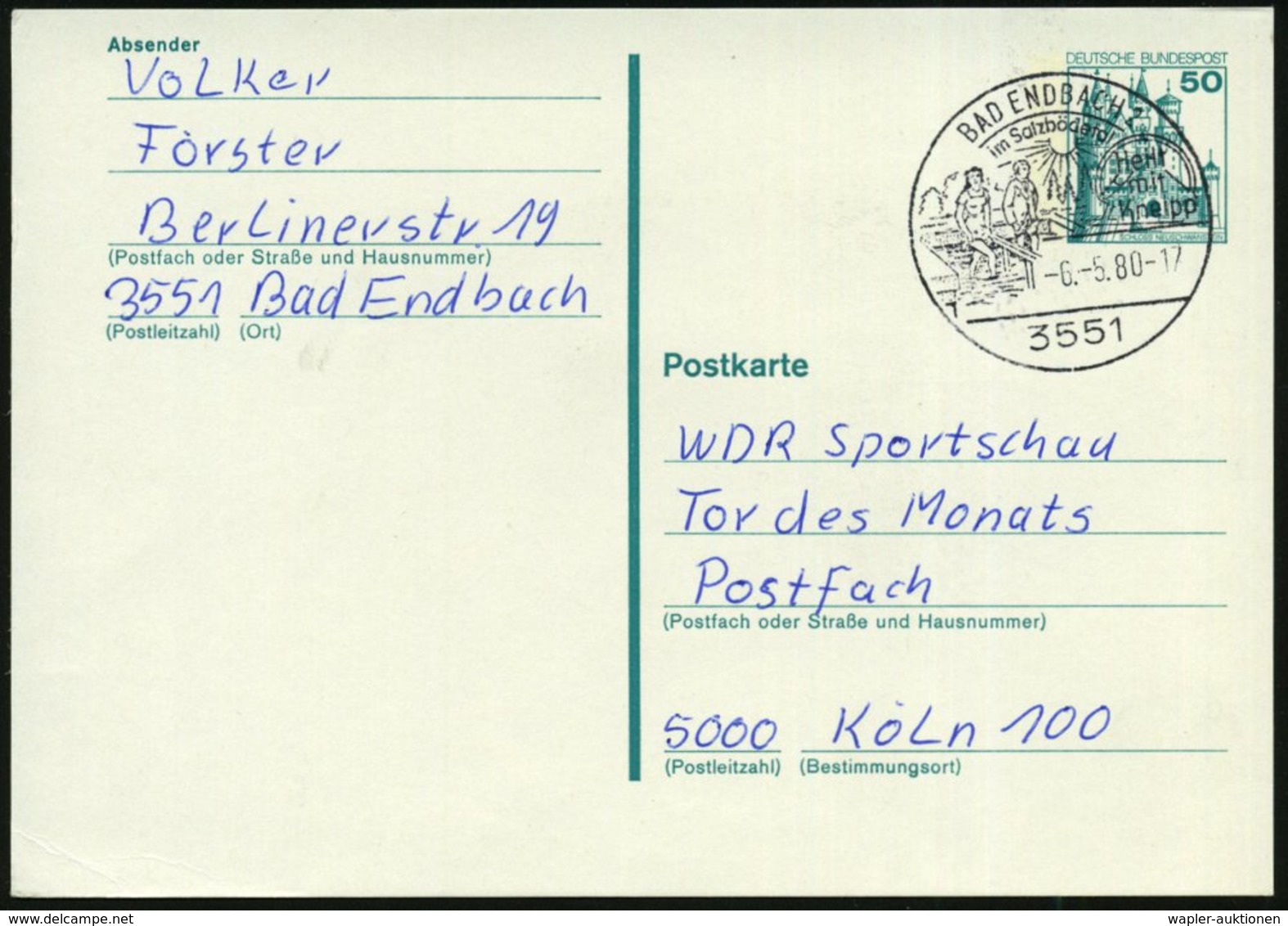 1980 (6.5.) 3551 BAD ENDBACH 2, Hand-Werbestempel: ..Heilt Mit Kneipp (Darstellung Der Kneippkur, Wassertreten) Bedarfsk - Autres & Non Classés