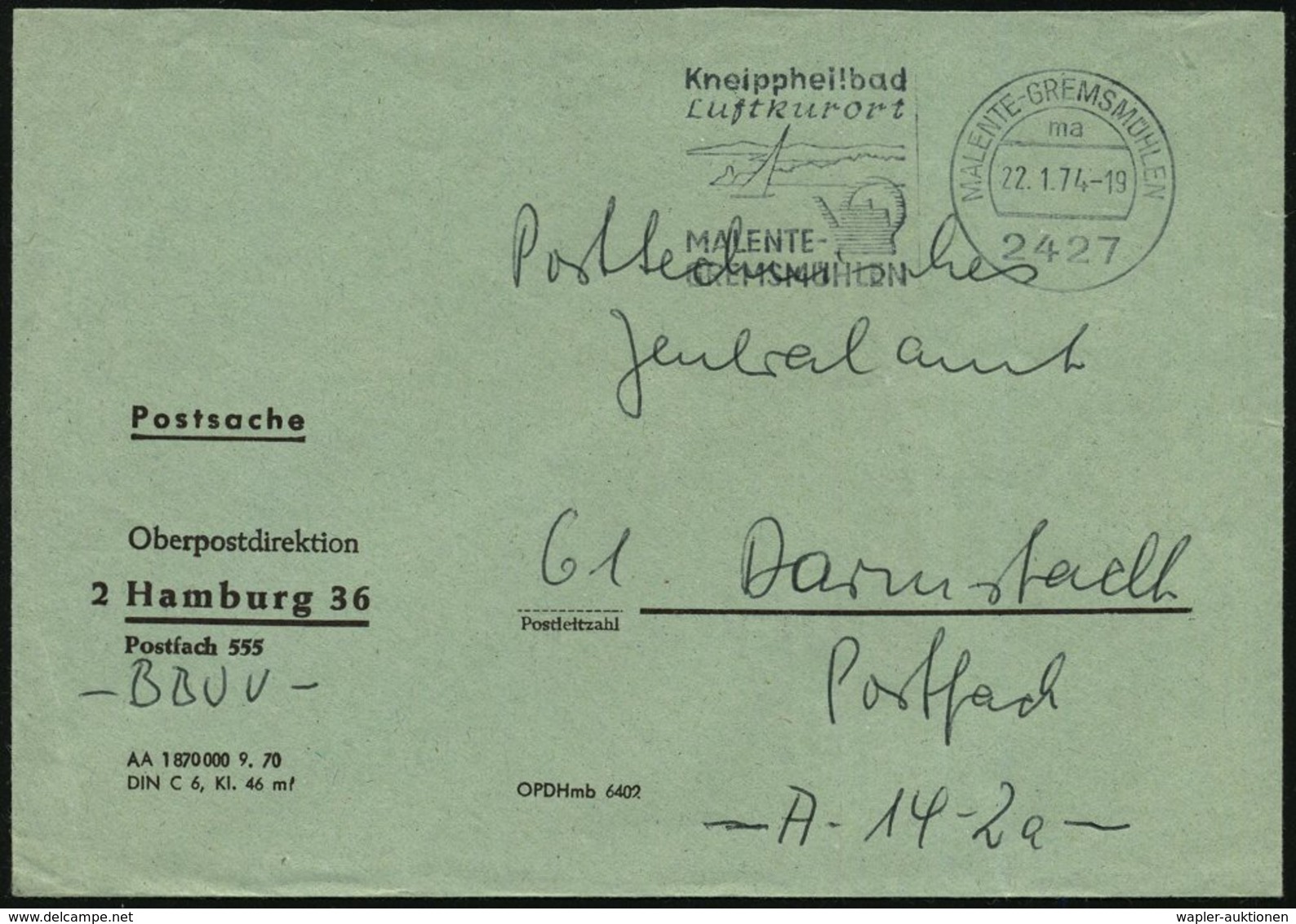 1974 (22.1.) 2427 MALENTE-GREMSMÜHLEN, Maschinen-Werbestempel: Kneippheilbad.. (Kneippkanne Vor See) Markenloser Postdie - Other & Unclassified