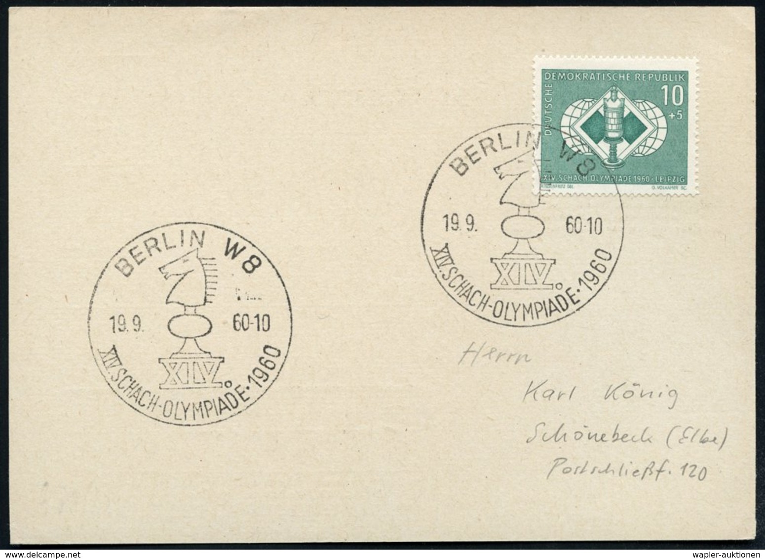 1960 (19.9.) BERLIN W 8, Sonderstempel: XIV. SCHACH-OLYMPIADE 1960 (Springer) Auf Passender EF 10 + 5 Pf. "XIV. Schach-O - Other & Unclassified