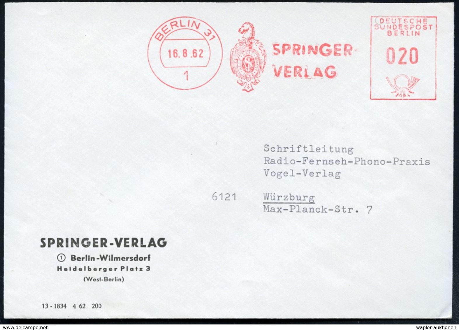 1962 1 BERLIN 31, Absender-Freistempel: ALLE ZEIT WACH, SPRINGER-VERLAG = Springer (auf Firmen-Monogramm = Wissenschaftl - Other & Unclassified