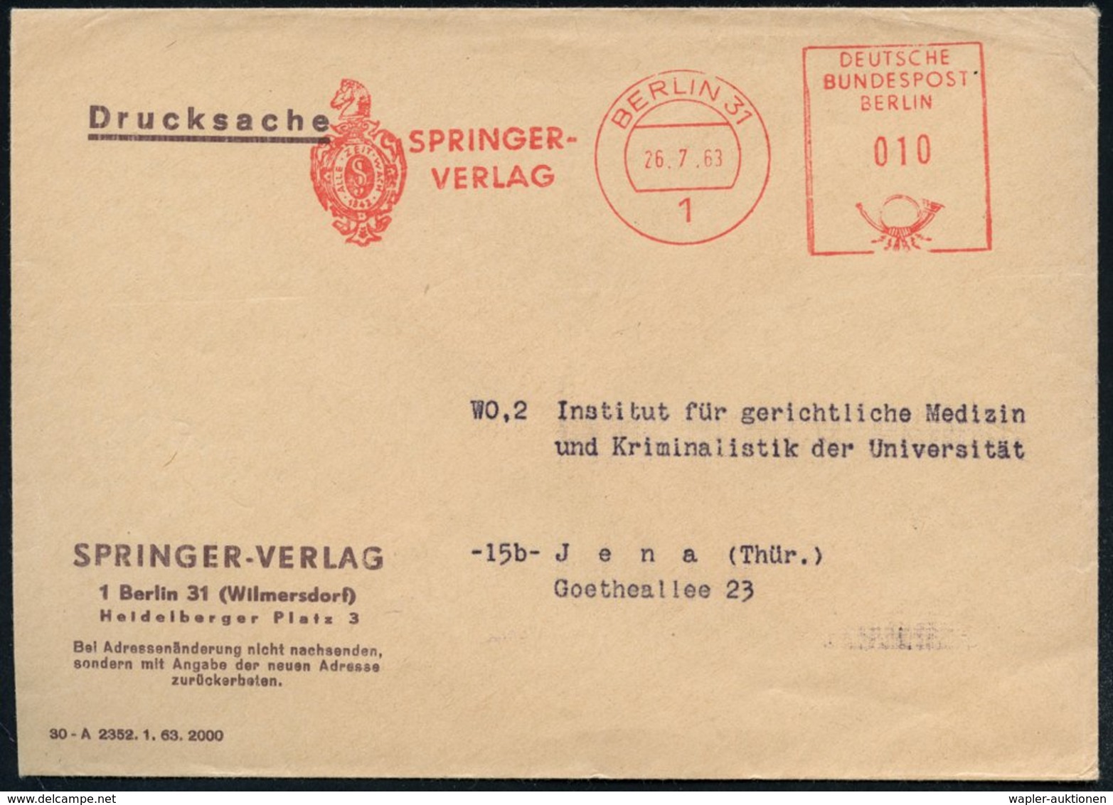 1963 (26.7.) 1 BERLIN 31, Absender-Freistempel: ALLE ZEIT WACH, SPRINGER-VERLAG = Springer (auf Firmen-Monogramm = Wisse - Other & Unclassified