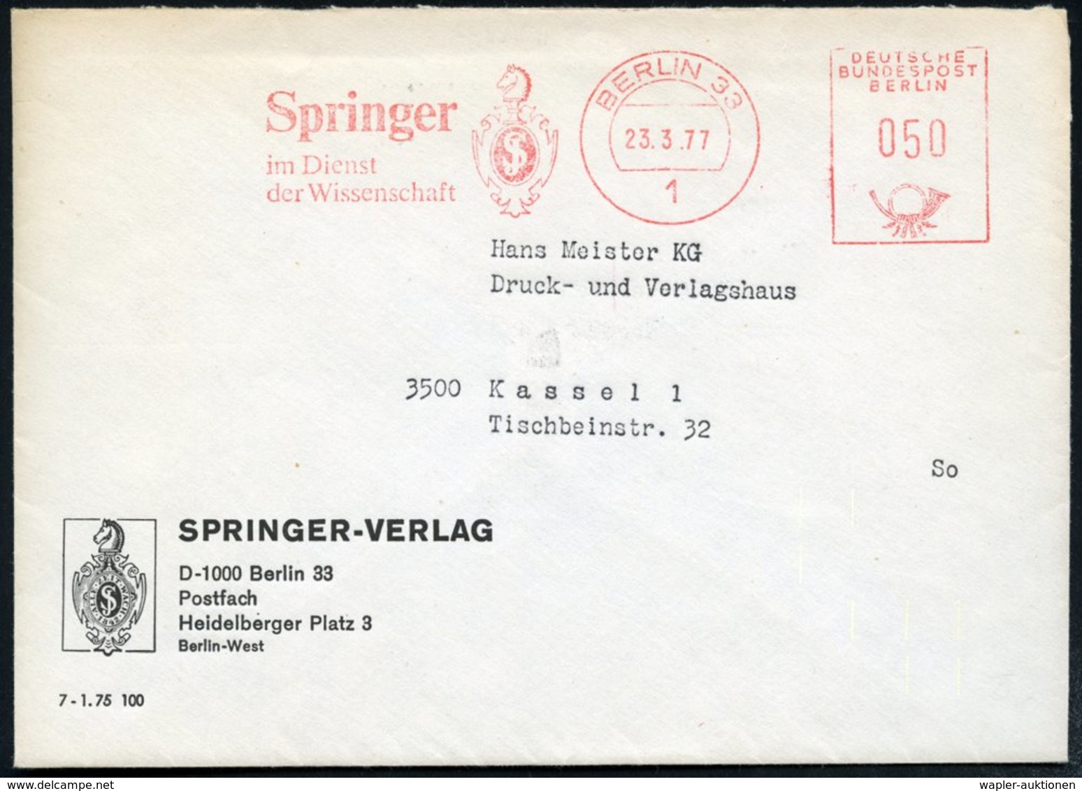 1977 (23.3.) 1 BERLIN 33, Absender-Freistempel: Springer Im Dienst Der Wissenschaft = Springer (auf Fimen-Monogramm = Wi - Other & Unclassified