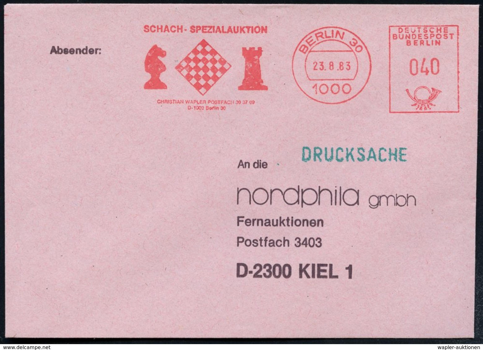 1983 (23.8.) 1000 BERLIN 30, Seltener Absender-Freistempel: SCHACH SPEZIALAUKTION, CHRISTIAN WAPLER.. = Läufer; Schachbr - Other & Unclassified