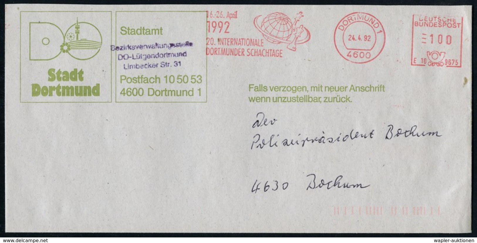 1992 (Apr.) 4600 DORTMUND 1, Absender-Freistempel: 16. - 26. April 1992, 20. INTERNAT. DORTMUNDER SCHACHTAGE = 2 Läufer  - Other & Unclassified