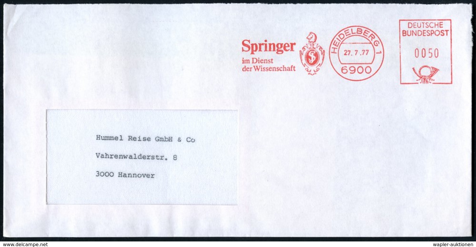 1977 (27.7.) 6900 HEIDELBERG 1, Absender-Freistempel: Springer Im Dienst Der Wissenschaft = Springer (auf Firmen-Monogra - Other & Unclassified