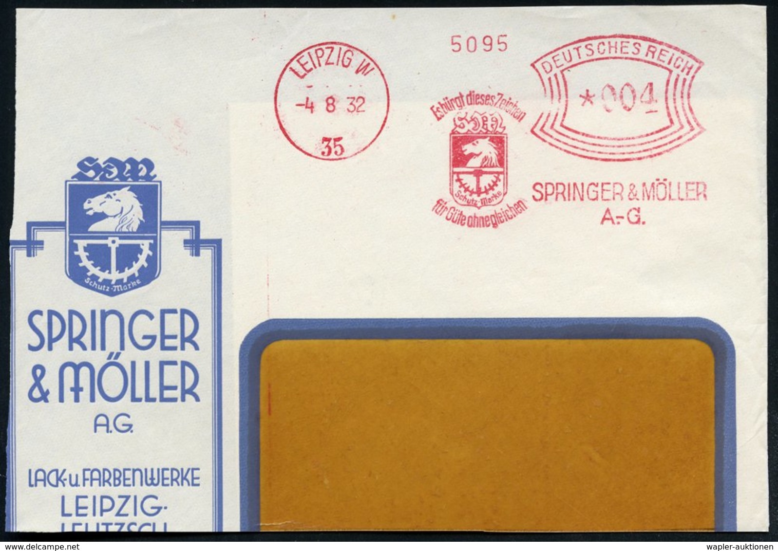 1932 (4.8.) LEIPZIG W 35, Absender-Freistempel: SPRINGER & MÖLLER AG. = Firmen-Logo Mit Springer (= Lack- U. Farbenwerke - Otros & Sin Clasificación
