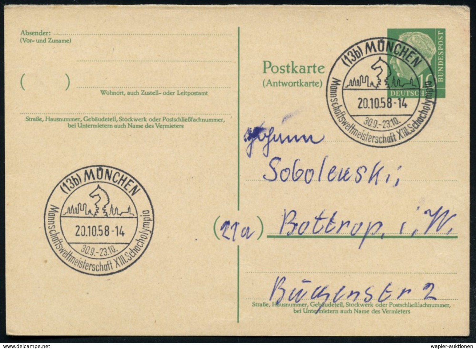 1958 (Okt.) (13 B) MÜNCHEN, Sonderstempel: Mannschaftsweltmeisterschaft XIII. Schacholympia (Springer Vor Ortssilhouette - Other & Unclassified