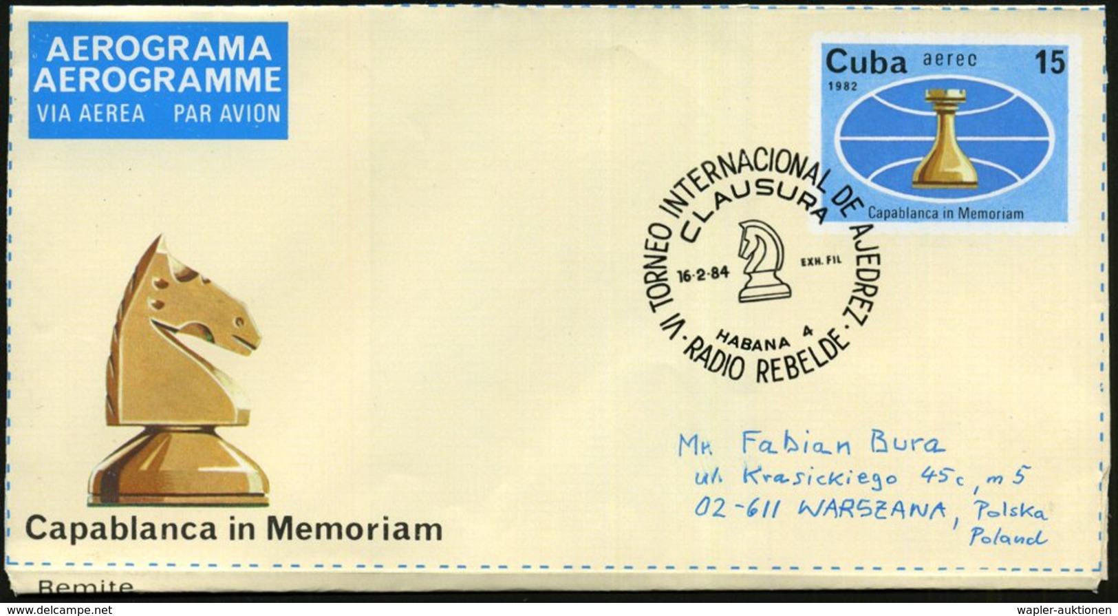 1984 (16.2.) CUBA, 15 C. Olympia-Sonder-Aerogramm "Capablanca In Memoriam" (Springer, Rs.3 Schachturnier-Bilder) + Motiv - Other & Unclassified