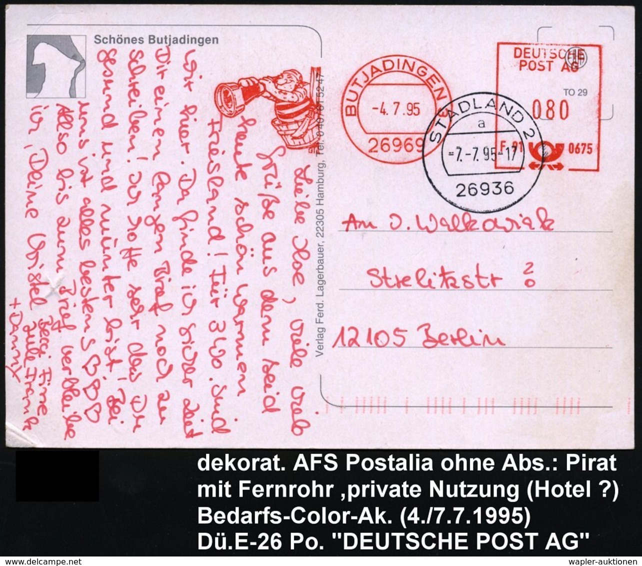 1995 (4.7.) 26969 BUTJADINGEN 3, Absender-Freistempel Ohne Text = Seeräuber Mit Fernglas, Color-Ak.: Butjadingen Landkar - Other & Unclassified