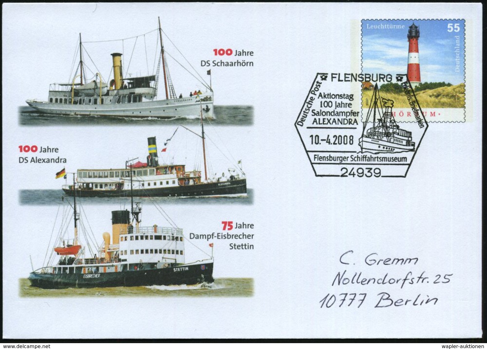 2008 (10.4.) 24939 FLENSBURG, Sonderstempel: 100 Jahre Salondampfer ALEXANDRA, Flensburger Schiffahrtsmuseum (Dampfer "A - Other & Unclassified