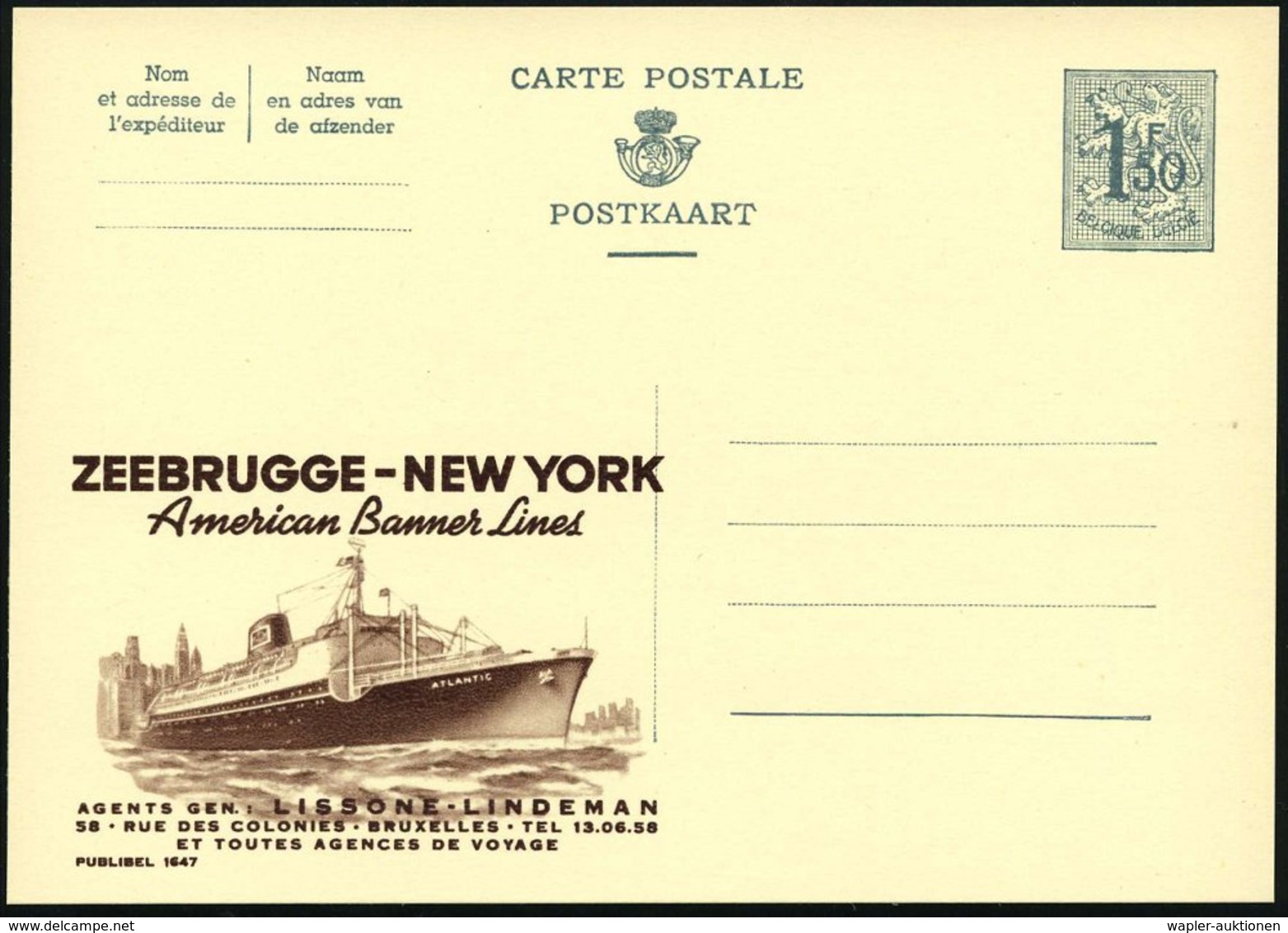 1959 BELGIEN, 1,50 F. Publibel-Ganzsache, Grau: ZEEBRUGGE - NEW YORK, American Banner Line.. (MS. "Atlantic" Vor New Yor - Other & Unclassified