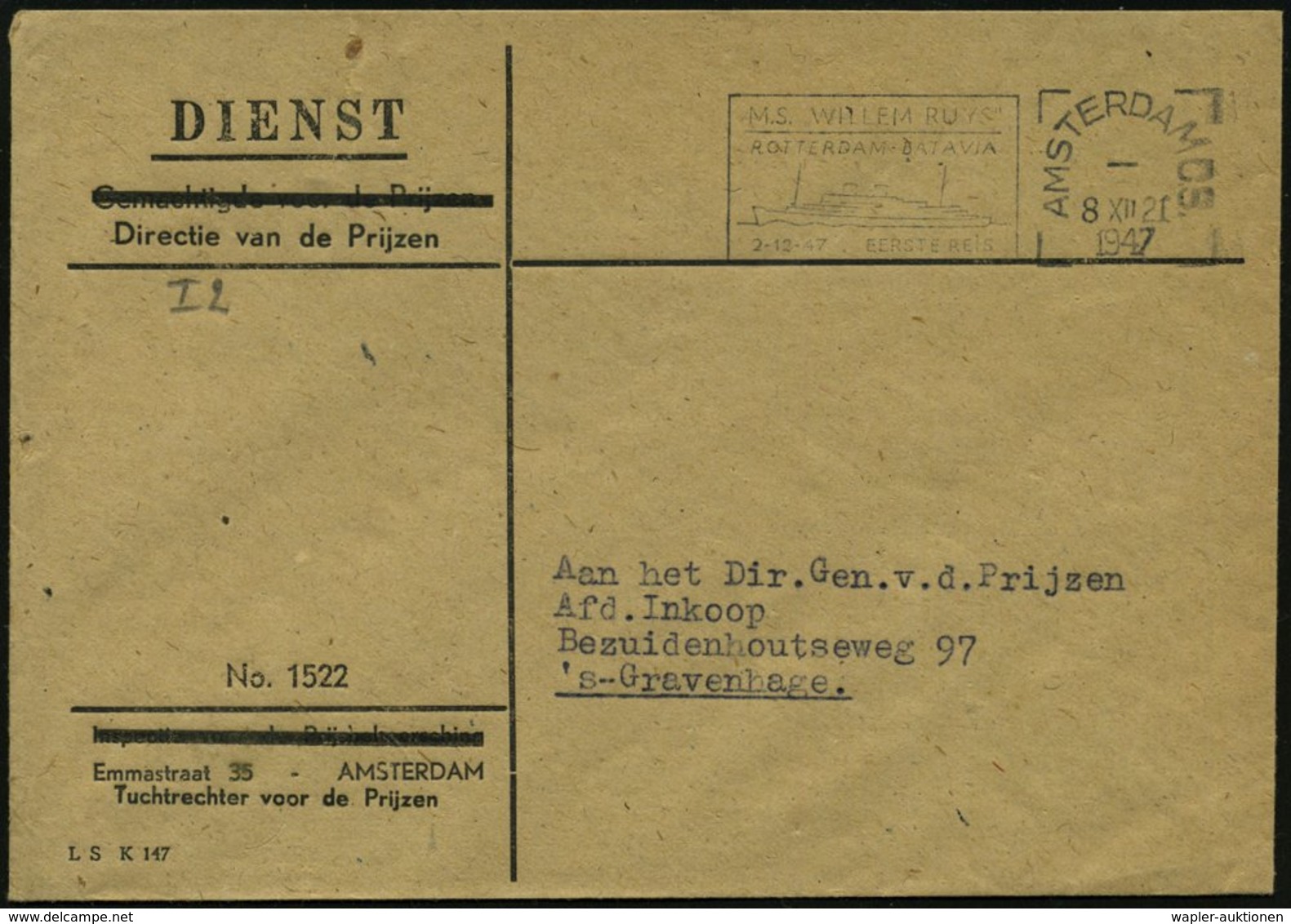 1947 (8.12.) NIEDERLANDE, Maschinen-Werbestempel: AMSTERDAM C.S., MS. WILLEM RUYS, ROTTERDAM - BATAVIA, EERSTE REIS (Jun - Other & Unclassified