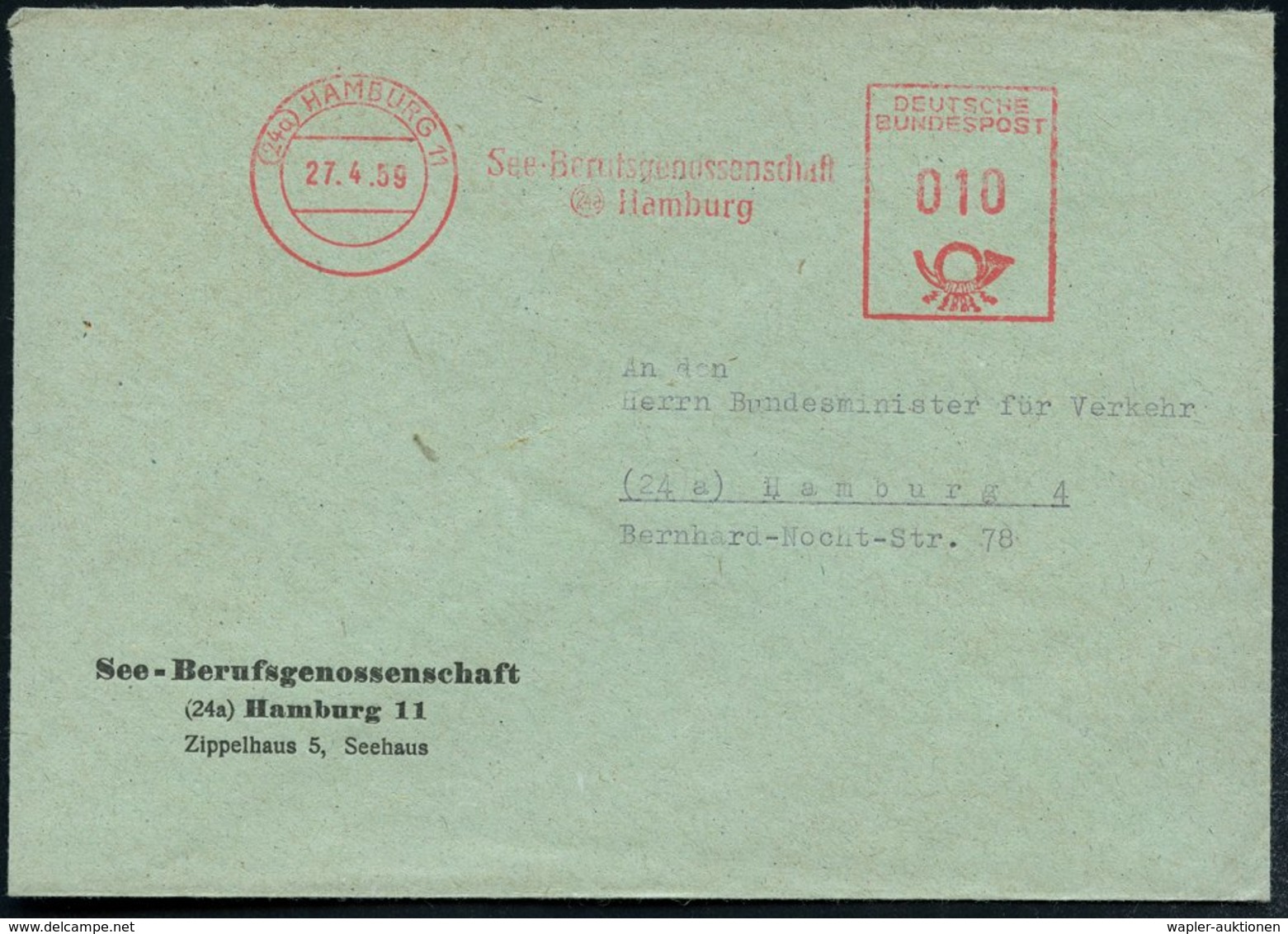 1959 (24 A) HAMBURG 11, Absender-Freistempel: See-Berufsgenossenschaft, Orts-Vordruckbrief An Verkehrsminister - Nautisc - Other & Unclassified