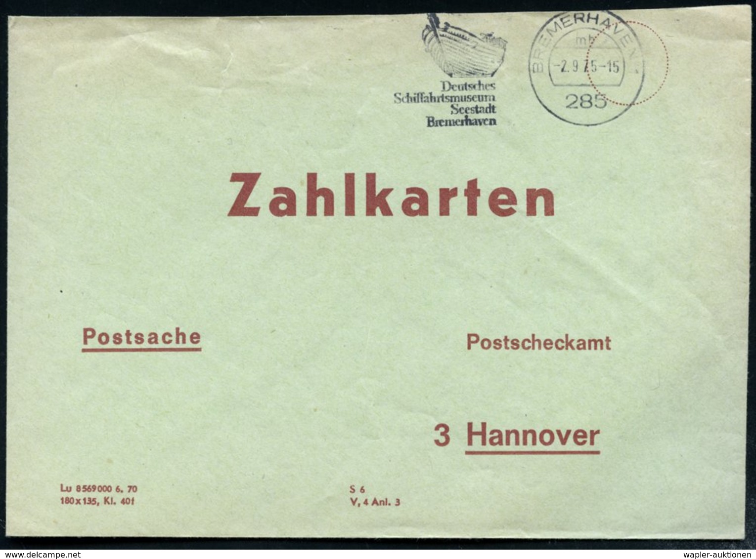 1975 (2.9.) 285 BREMERHAVEN 1, Maschinen-Werbestempel: Deutsches Schiffahrtsmuseum.. (Holz-Boot) Auf Markenlosem Postsch - Other & Unclassified