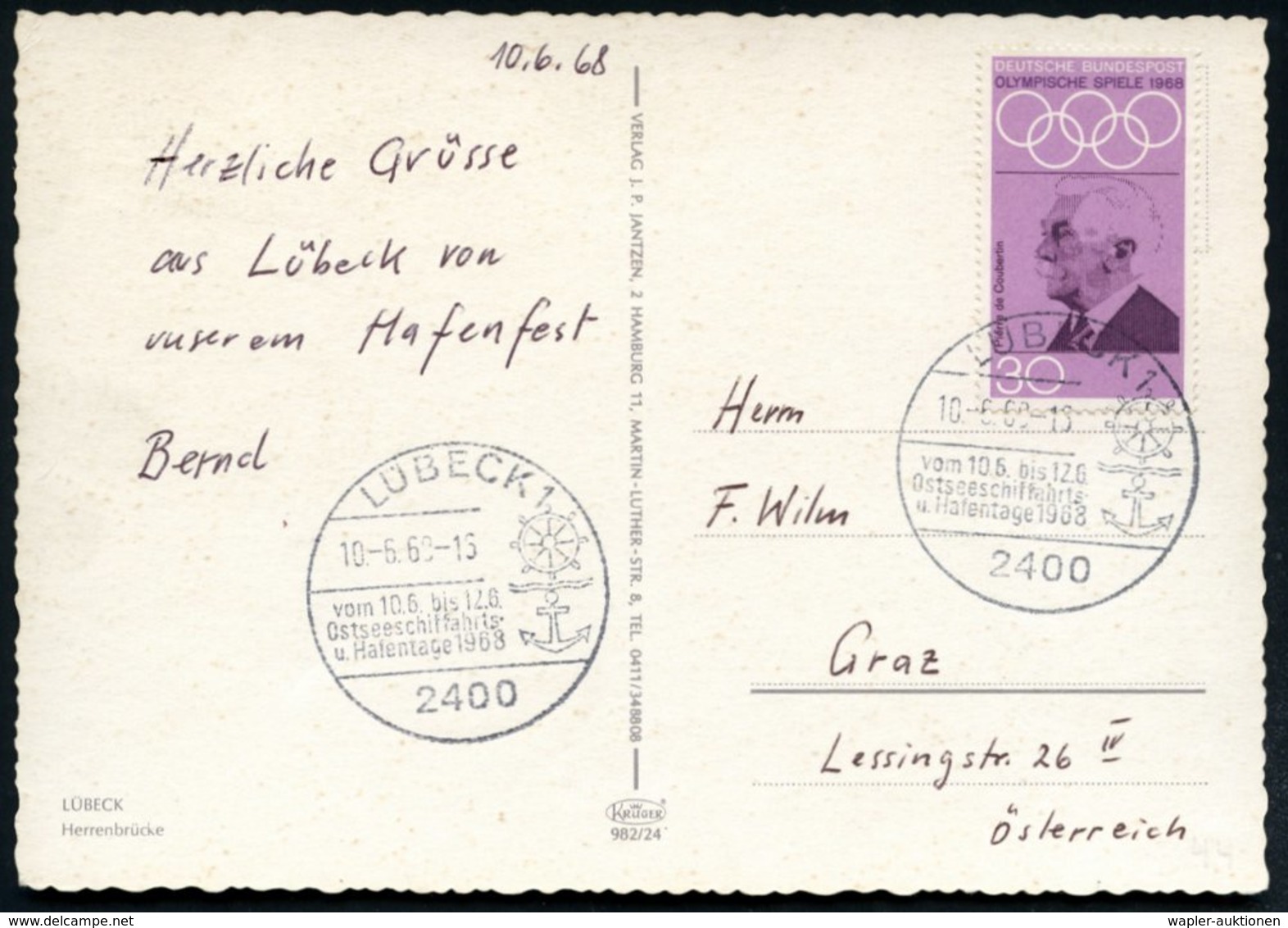 1968 (10.6.) 2499 LÜBECK 1, Sonderstempel: Ostseeschiffahrts- U. Hafentage (Schiffssteuer, Anker) Color-Ak.: Lückeck Sch - Sonstige & Ohne Zuordnung