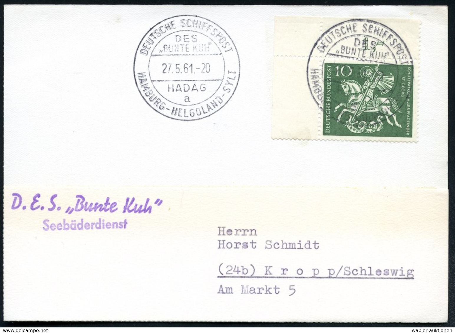 1961 (27.5.) B.R.D., 2K-Bordpostamt: DEUTSCHE SCHIFFSPOST.. "BUNTE KUH", HADAG, HAMBRG - HELGOLAND - SYLT + Viol. Abs.-S - Altri & Non Classificati