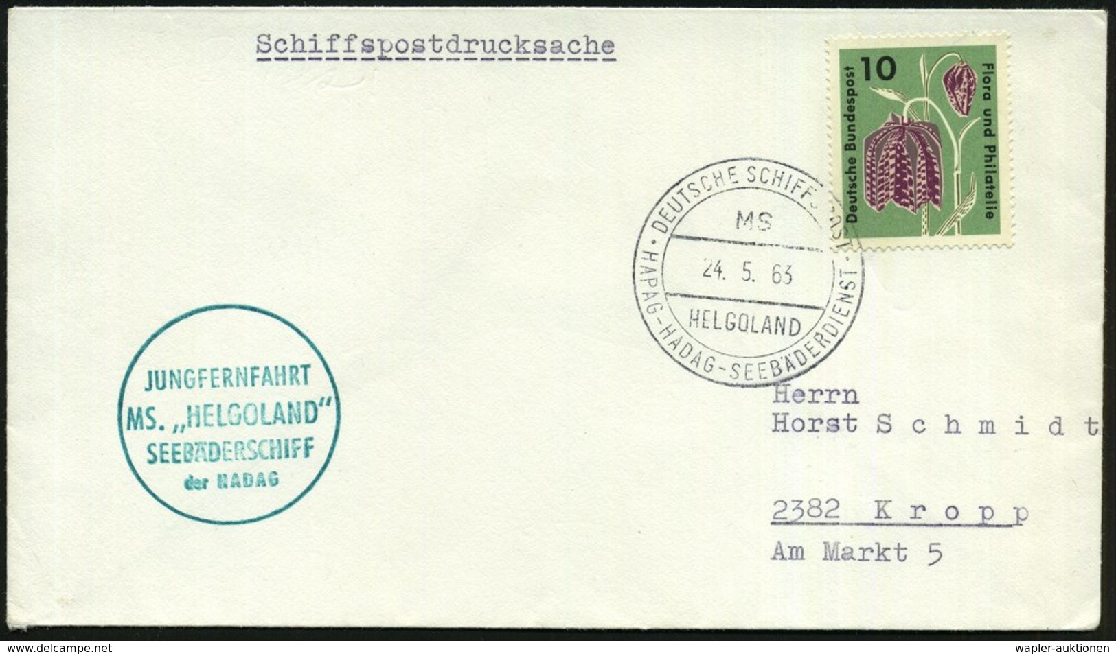 1963 (24.5.) B.R.D., 2K-Bordpostamt: DEUTSCHE SCHIFFSPOST, MS HELGOLAND, HAPAG-HADAG-SEEBÄDERDIENST + Gürner Nebenstempe - Sonstige & Ohne Zuordnung