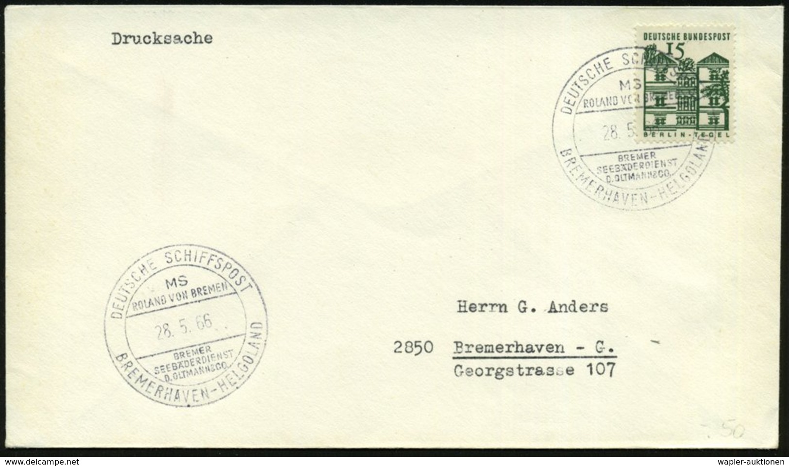 1966 (28.5.) B.R.D., 2K-Bordpostamt: DEUTSCHE SCHIFFSPOST, MS ROLAND VON BREMEN, BREMER SEEBÄDERDIENST.. BREMERHAVEN - H - Other & Unclassified