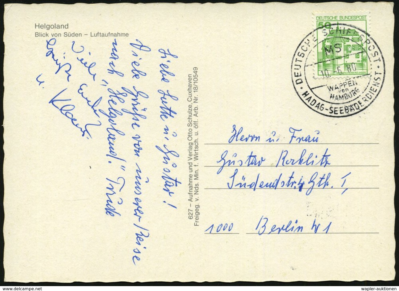 1980 (10.6.) B.R.D., 2K-Bordpostamt: DEUTSCHE SCHIFFSPOST, MS  WAPPEN Von HAMBURG, HADAG-SEEBÄDERDIENST, Color-Ak.: Helg - Autres & Non Classés