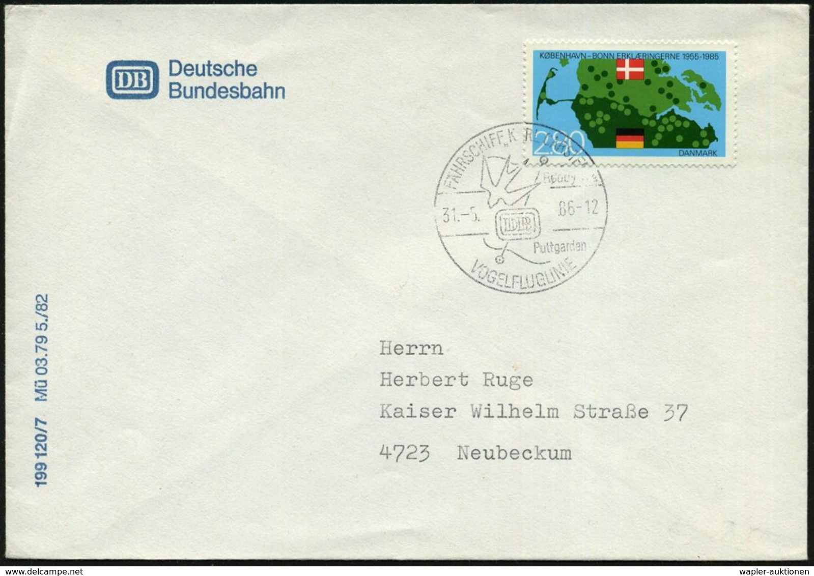 1986 (31.5.) B.R.D., 1K-Bordpostamt: FÄHRSCHIFF CARL CARSTENS, DB Gedser Puttgarden VOGELFLUGLINIE = Eisenbahn-Fähre (DB - Other & Unclassified