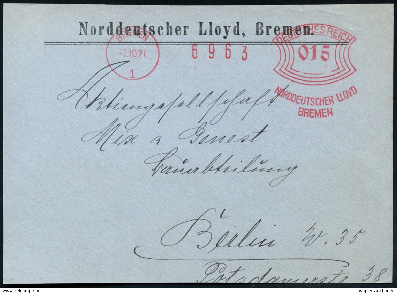 1927 (7.10.) BREMEN 1, Früher Absender-Freistempel: NORDDEUTSCHER LLOY BREMEN, Firmen-Vorderseite (= Francotyp A Mit Gr. - Other & Unclassified