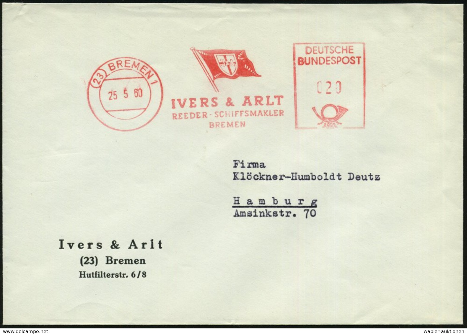1960 (25.5.) (23) BRMEN 1, Absender-Freistempel: IVERS & ARTL, REEDER - SCHIFFSMAKLER (Reederei-Flagge) Firmenbrief - Re - Sonstige & Ohne Zuordnung
