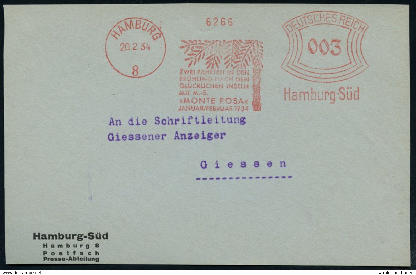 1934 (20.2.) HAMBURG 8, Absender-Freistempel: ZWEI FAHRTEN IN DEN FRÜHLING NACH DEN GLÜCKLICHEN INSELN MIT M.S. "MONTE R - Other & Unclassified