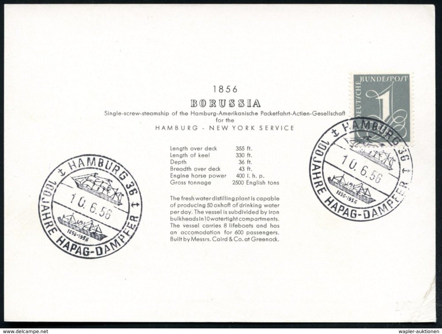 1956 (10.6.) HAMBURG 36, Sonderstempel: 100 JAHRE HAPAG - DAMPFER (histor. U. Modernes Frachtschiff) Auf Motiv-ähnl. Ged - Other & Unclassified