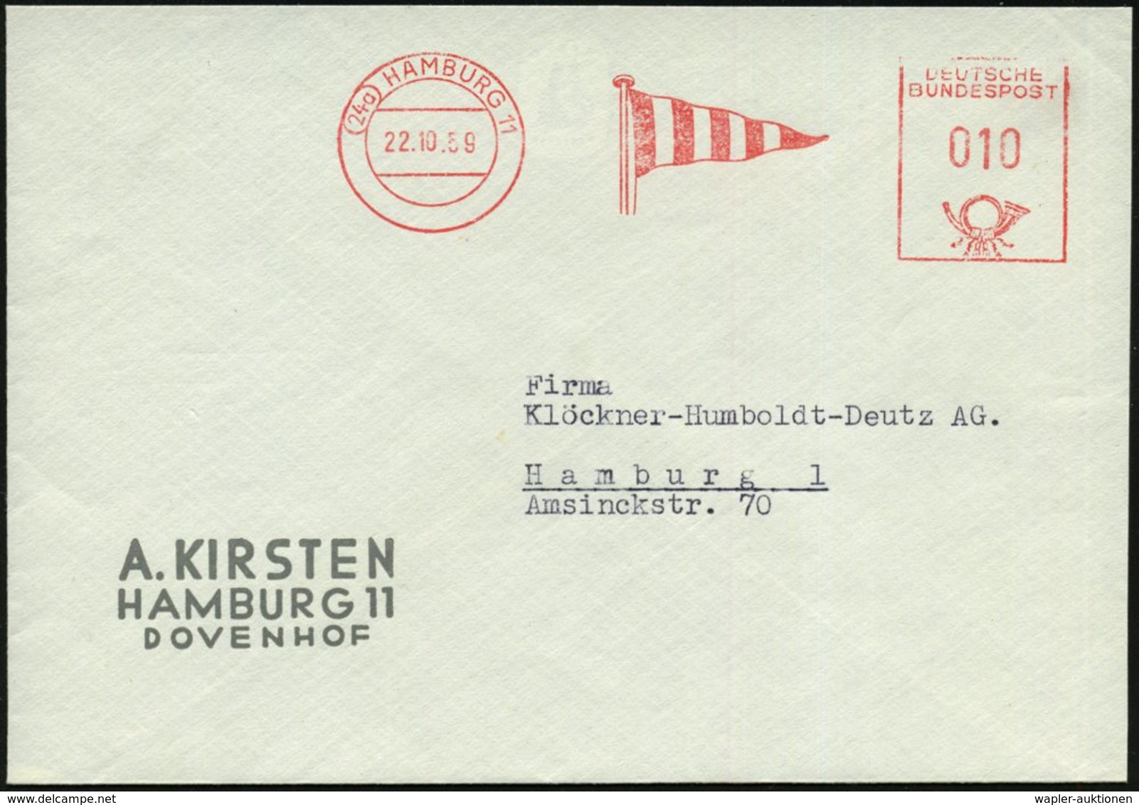 1959 (22.10.) (24 A) HAMBURG 11, Absender-Freistempel Ohne Text (Reederei-Flagge) Firmenbrief: A. KIRSTEIN.. DOVENHOF -  - Other & Unclassified