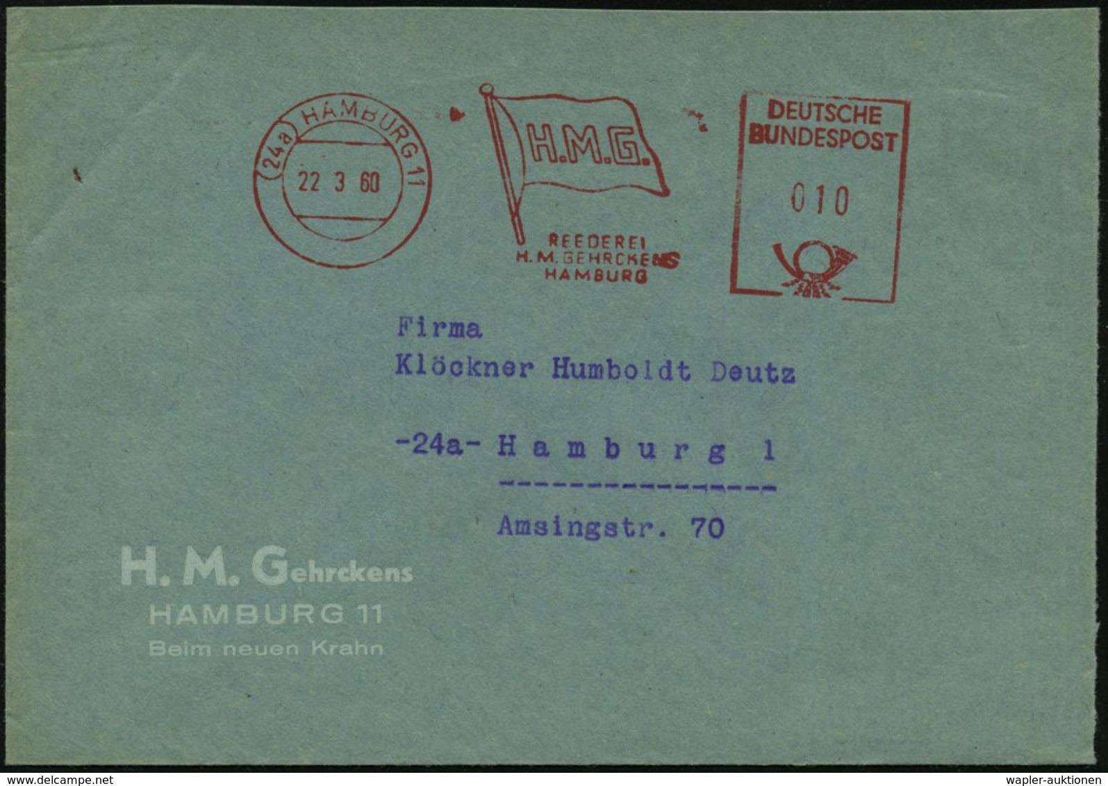 1960 (22.3.) (24 A) HAMBURG 11, Absender-Freistempel H.M.G., REEDEREI H. M. Gehrkens (Reederei-Flagge) Firmenbrief - Ree - Other & Unclassified