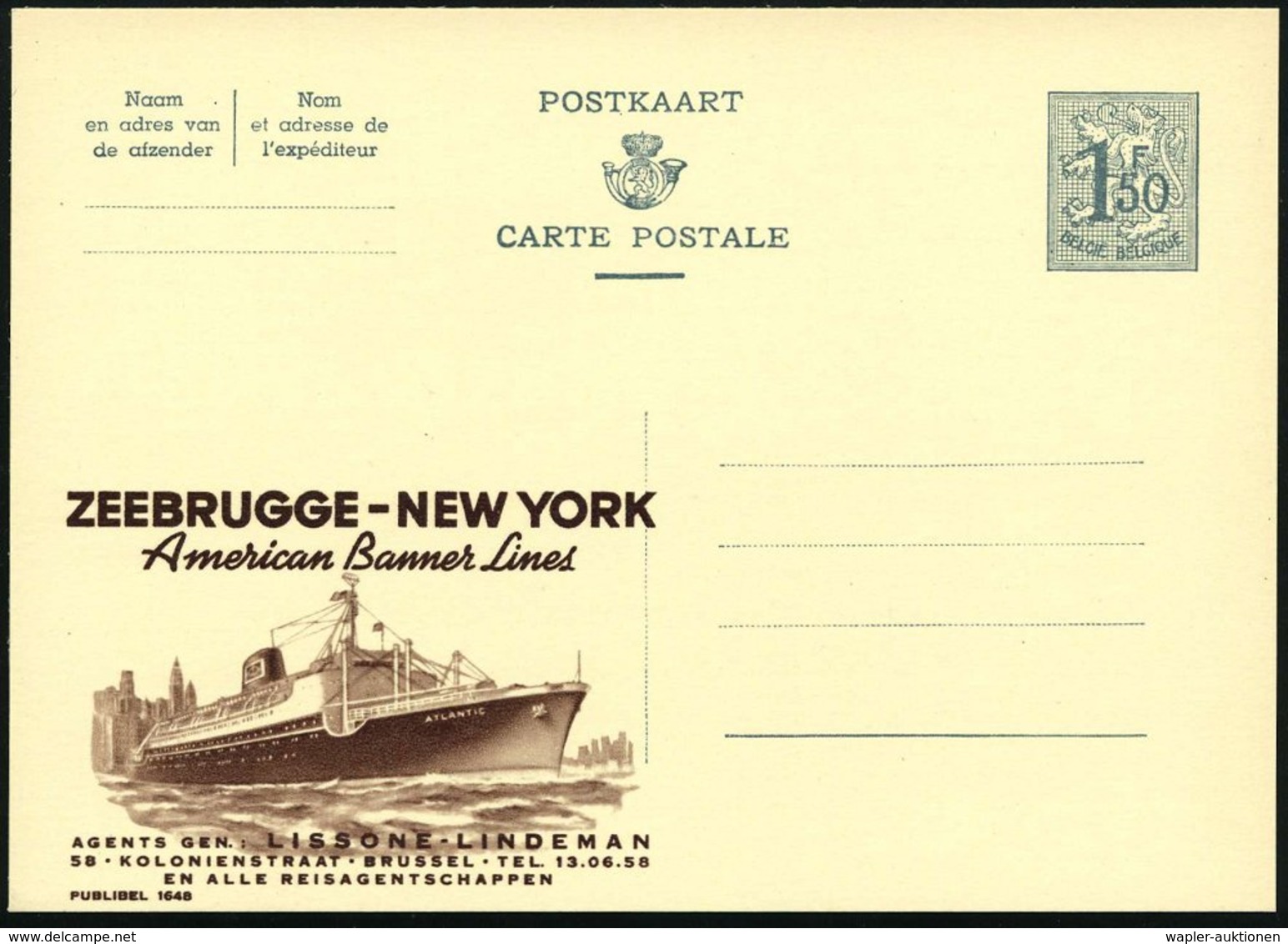 1959 BELGIEN, 1,50 F. Publibel-Ganzsache, Grau: ZEEBRUGGE - NEW YORK, American Banner Lines (Passagier-Dampfer "Atlantic - Other & Unclassified