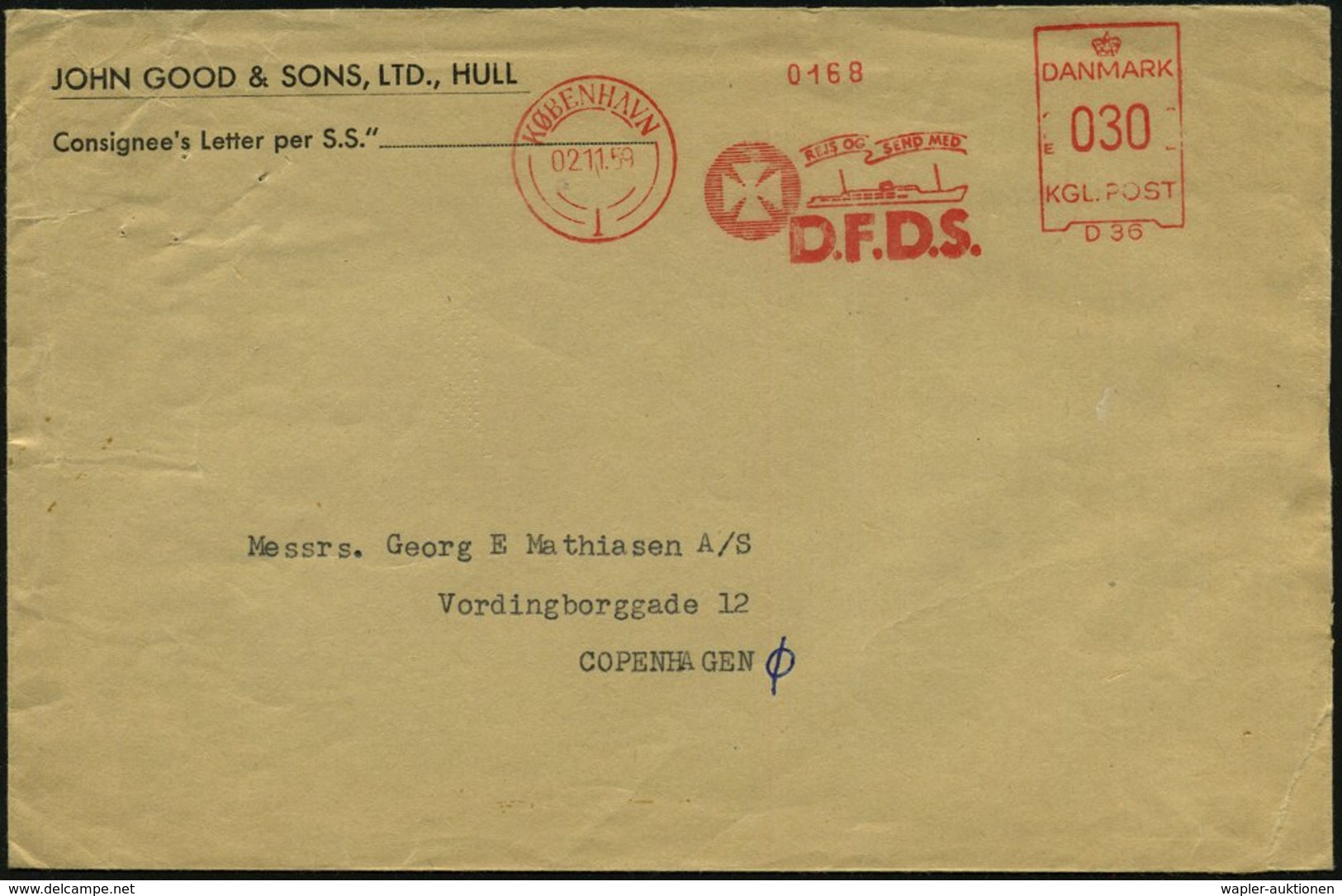 1959 (2.11.) DÄNEMARK, Absender-Freistempel: KÖBENHAVN 1, REJS OG SEND MED D.F.D.S. (Logo U. Schiff) = Dänische Reederei - Other & Unclassified