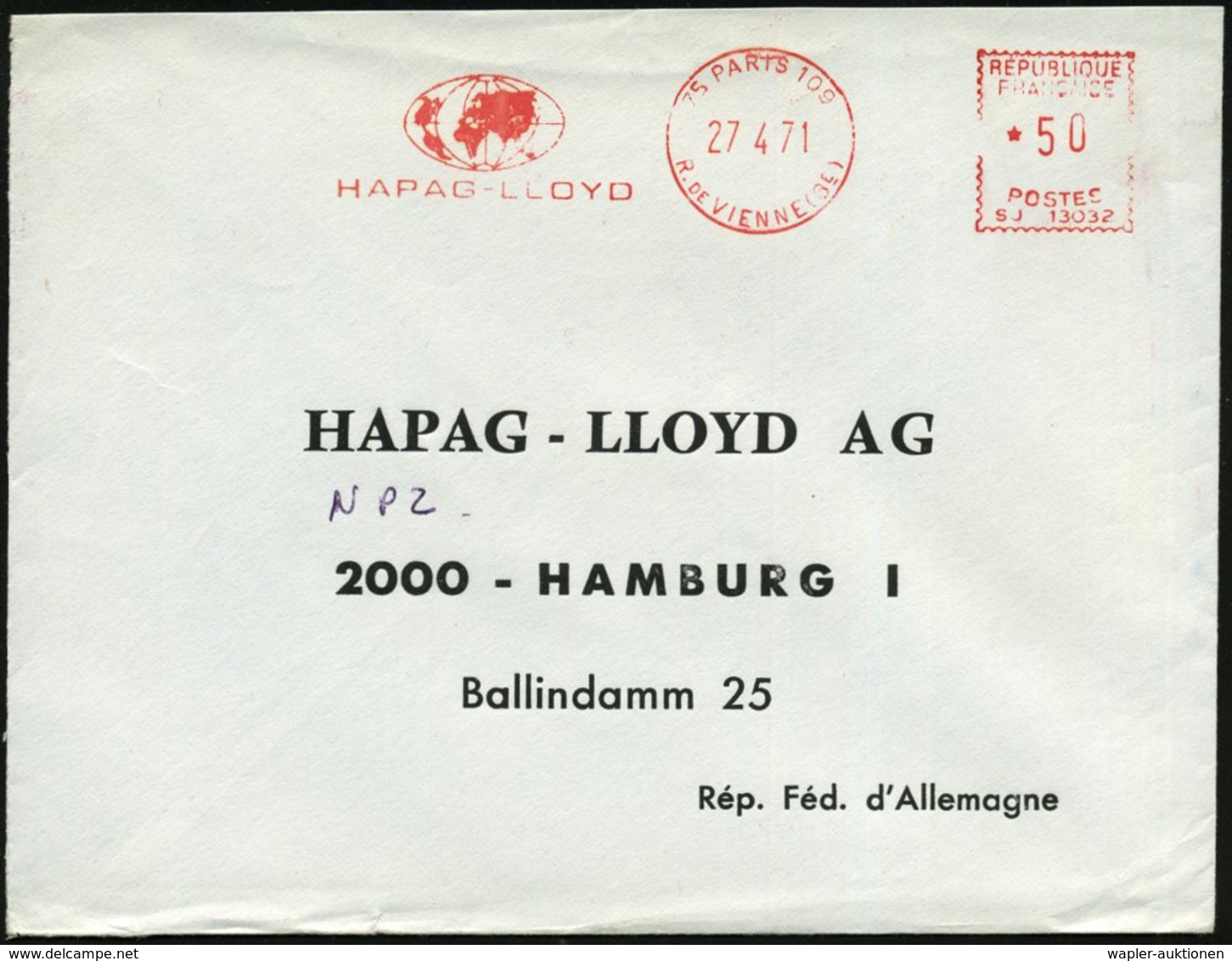 1971 (27.4.) FRANKREICH, Absender-Freistempel: 75 PARIS 109, HAPAG LLOYD (Globus) Rs. Abs.-Vordruck: NATICA PARIS-8, Aus - Other & Unclassified