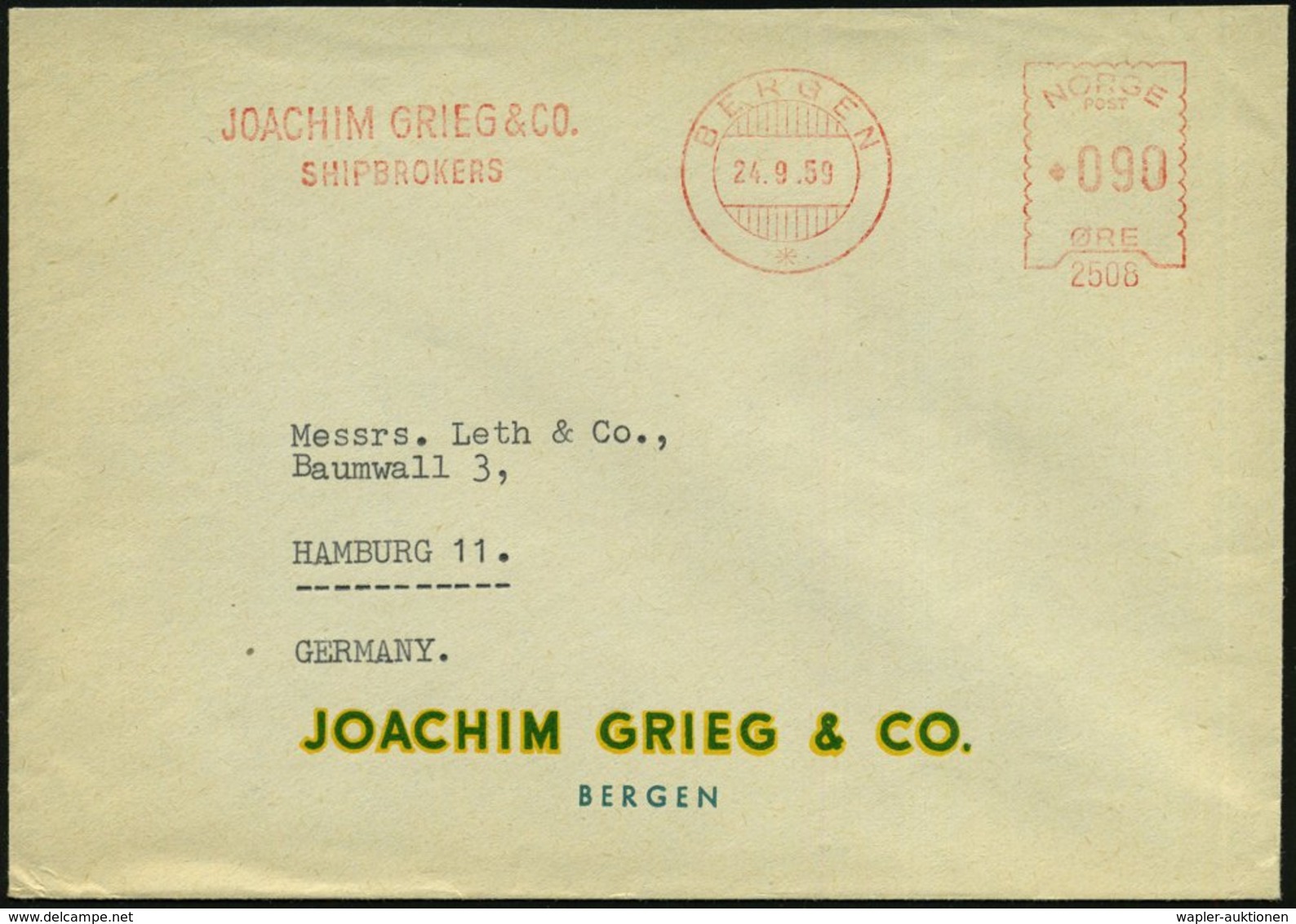 1959 (24.9.) NORWEGEN, Absender-Freistempe (Krag)l: JOACHIM GRIEG & CO, SHIPBROKERS, Ausl.-Firmenbrief - Reederei / Ship - Other & Unclassified