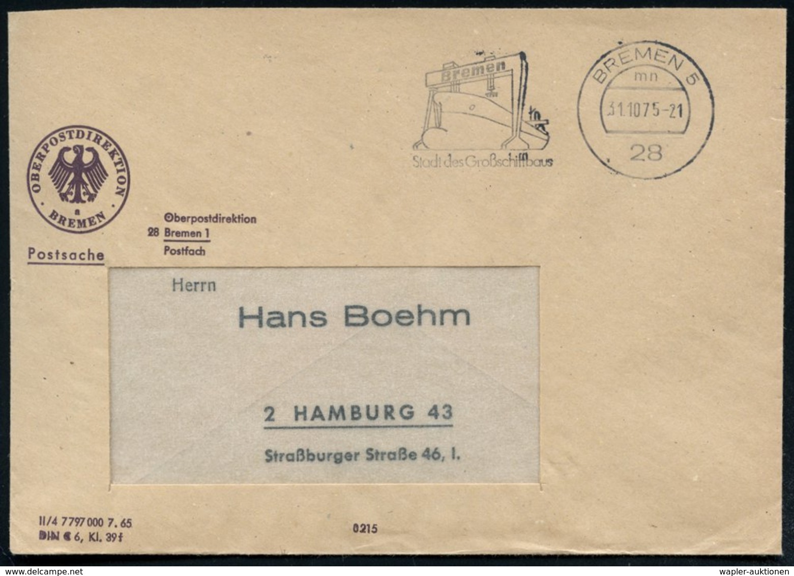 1975 (31.10.) 28 BREMEN 5, Maschinen-Werbestempel: Bremen, Stadt Des Großschiffbaus = Frachter In Der Werft, Markenloser - Other & Unclassified