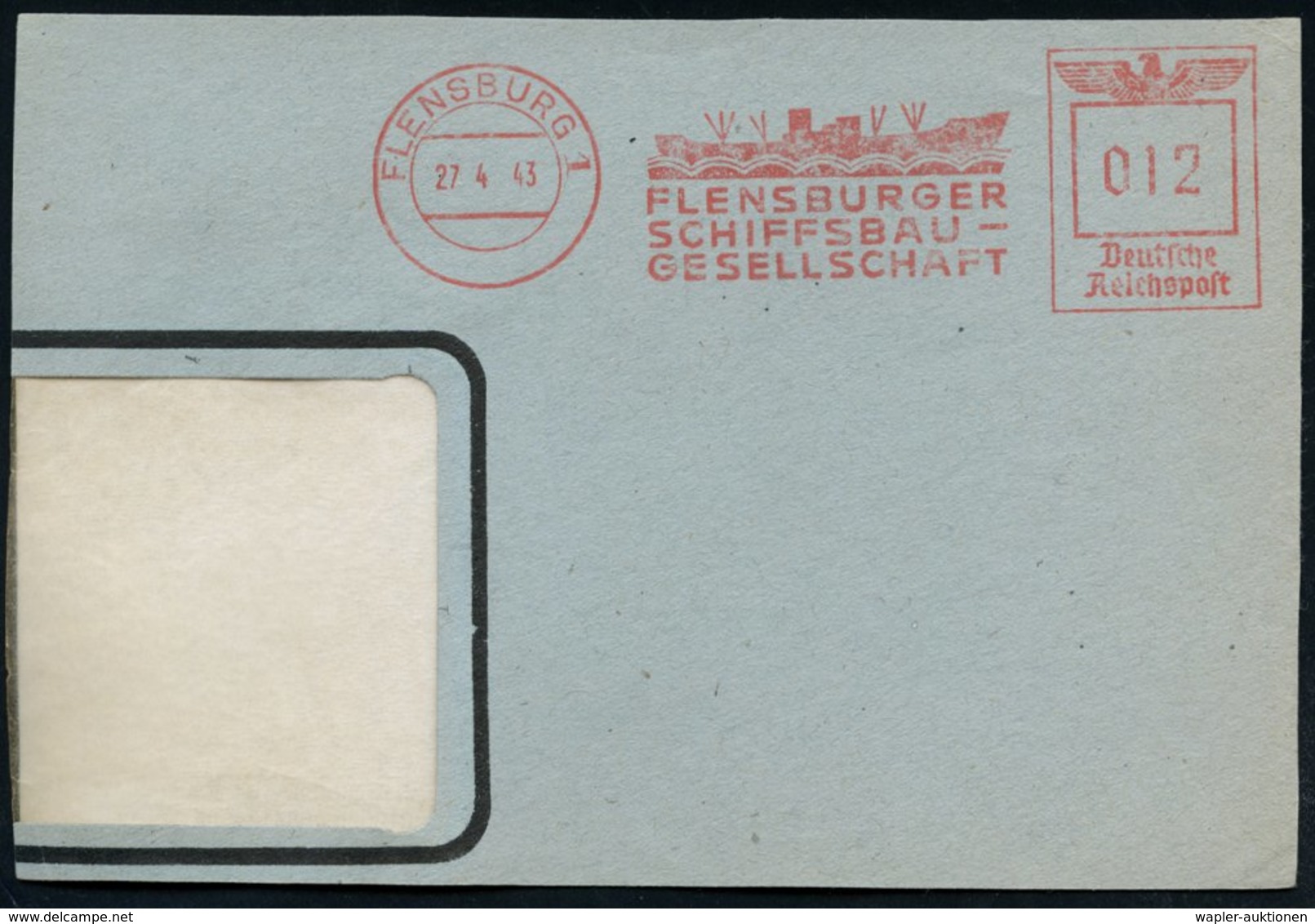 1943 (27.4.) FLENSBURG 1, Absender-Freistempel: FLENSBURGER SCHIFFBAU-GESELLSCHAFT (Frachter-Silhouette) Teil-Vorderseit - Other & Unclassified