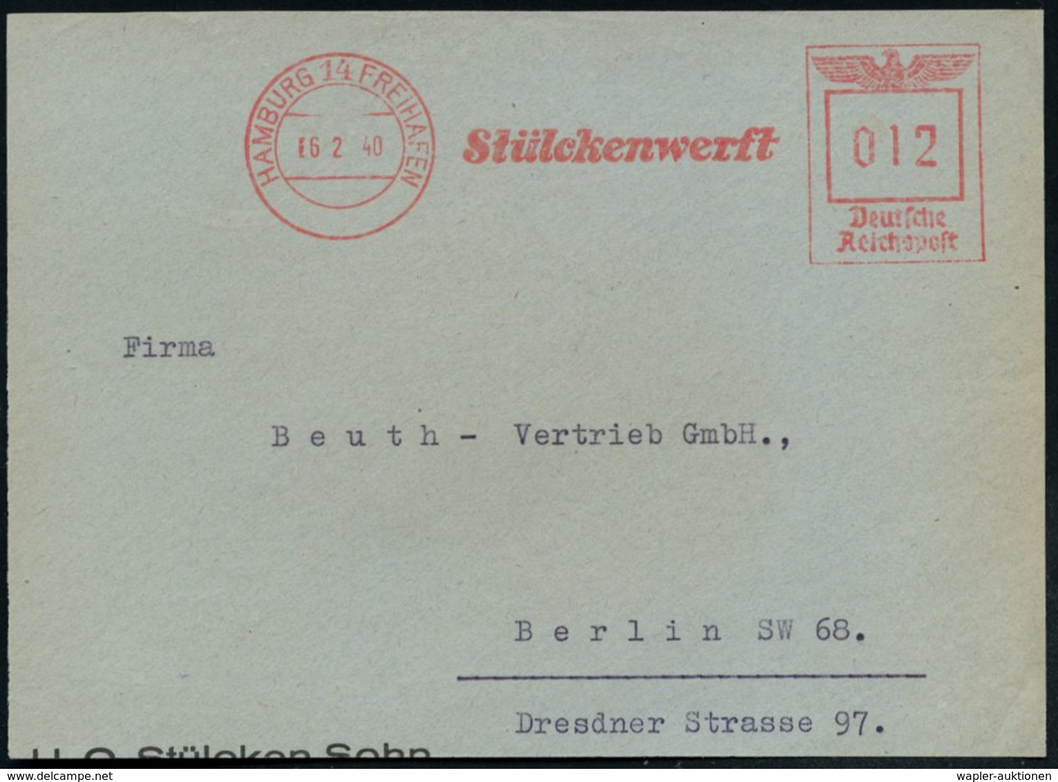 1940 (6.2.) HAMBURG 14 FREIHAFEN, Absender-Freistempel: Stülckenwerft , Kl. Bedarfs-Vorderseite - Schiffbau & Werft / Sh - Other & Unclassified