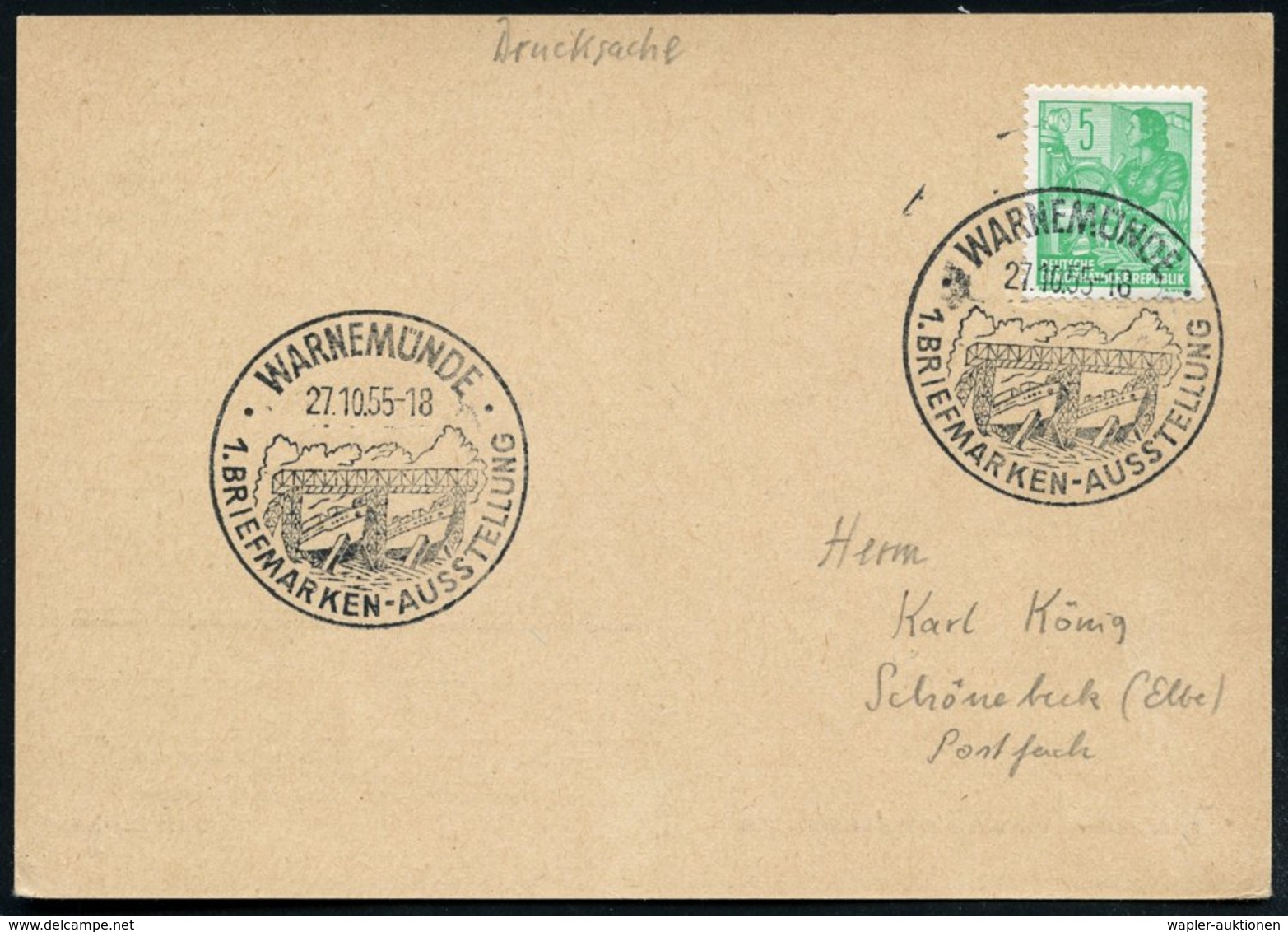 1955 (27.10.) WARNEMÜNDE, Sonderstempel: 1. BRIEFMARKEN-AUSSTELLUNG = Werftbrücke Mit 2 Schiffen Auf Kiel, Inl.-Karte (B - Other & Unclassified