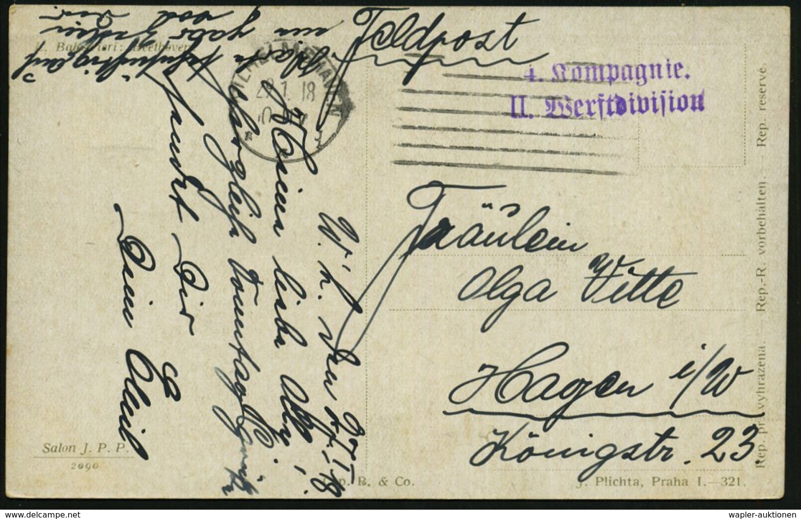 1918 (29.1.) WILHELMSHAVEN, Maschinen-Strichstempel + Viol. 2-Zeiler: 4. Kompagnie, II. Werftdivision, Feldpostkarte N.  - Other & Unclassified