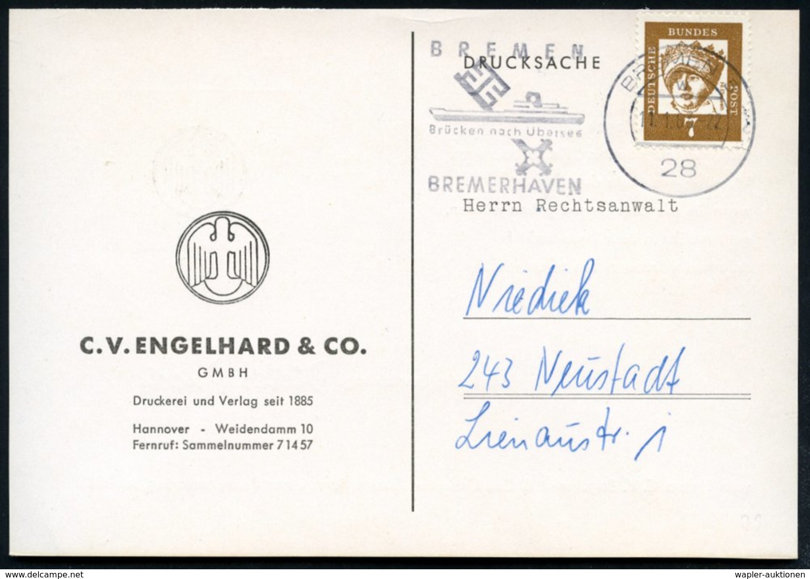 1963 (11.1.) 28 BREMEN 5, Maschinen-Werbestempel: Brücken Nach Übersee, BREMERHAVEN (Frachter U. Schlüssel) Firmenkarte  - Other & Unclassified