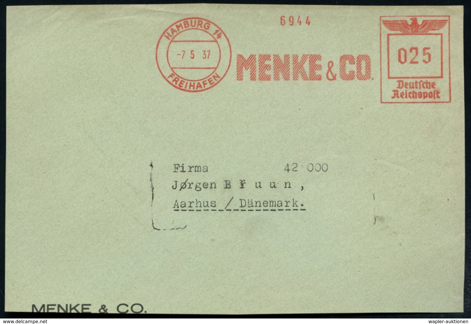 1937 (7.5.) HAMBURG 14 FREIHAFEN, Absender-Freistempel: MENKE & CO, Firmen-Vorderseite - Hafen / Port & Harbour / Port / - Other & Unclassified